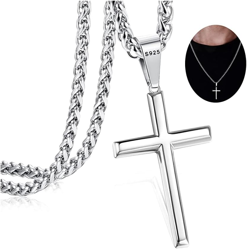 925 Sterling Silver Cross Necklace for Men Women with 3MM Stainless Steel Strong Durable Wheat Chain 18K White Gold Plated Crucifix Pendant Necklace Jewelry 16-30 Inches