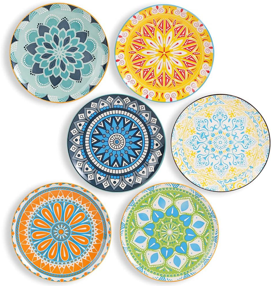 Plate Set 8 Inch - Salad Plates | Dessert Appetizer Plates Colorful - Porcelain Lunch Plates - Set of 6 - Dishwasher and Microwave Safe