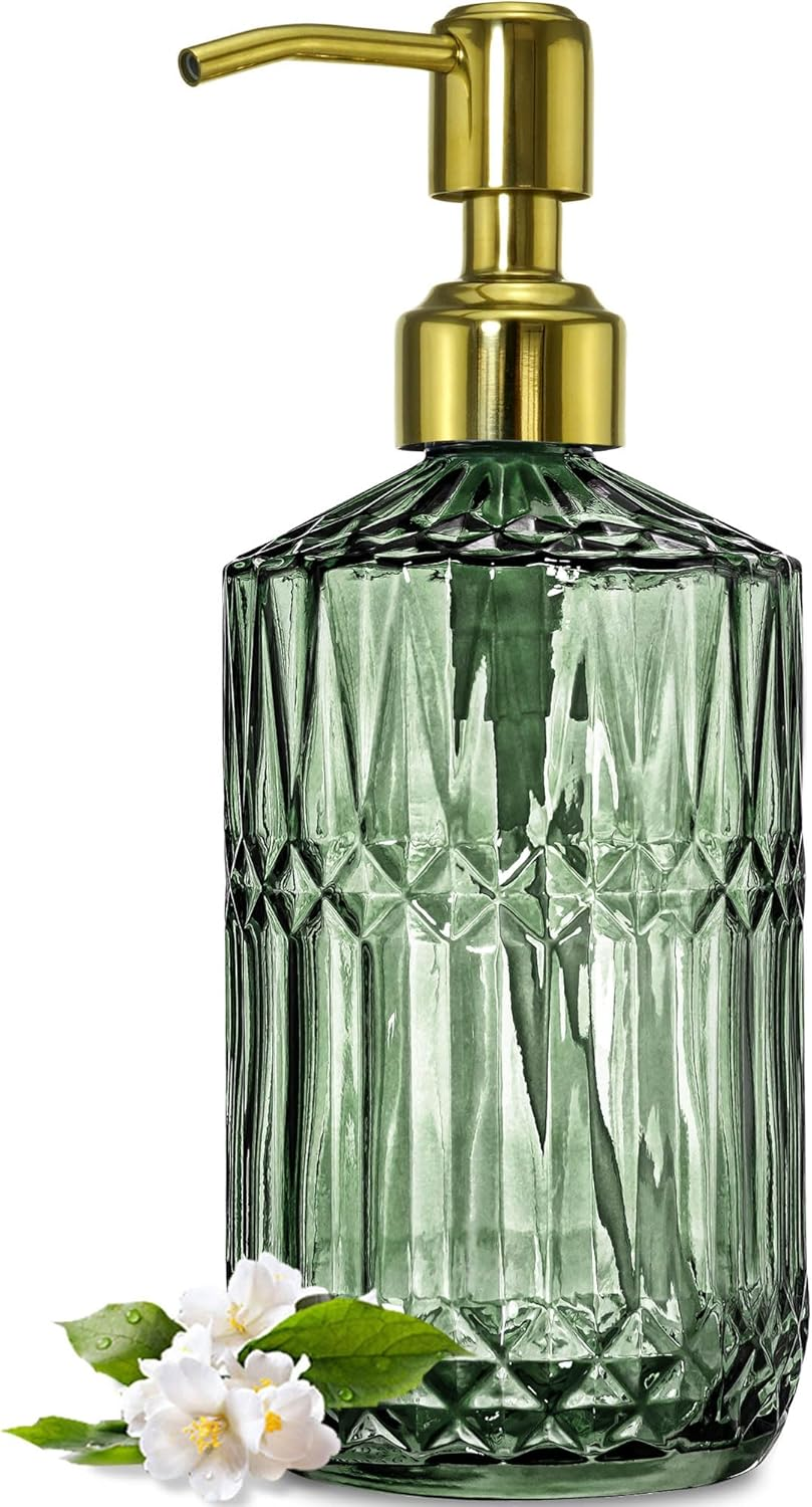 18Oz Green Glass Soap Dispenser with Gold Rust Proof Pump, Refillable Kitchen Soap Dispenser for Dish Soap, Soap Dispenser Bathroom for Hand Soap, Lotion, Body Wash.