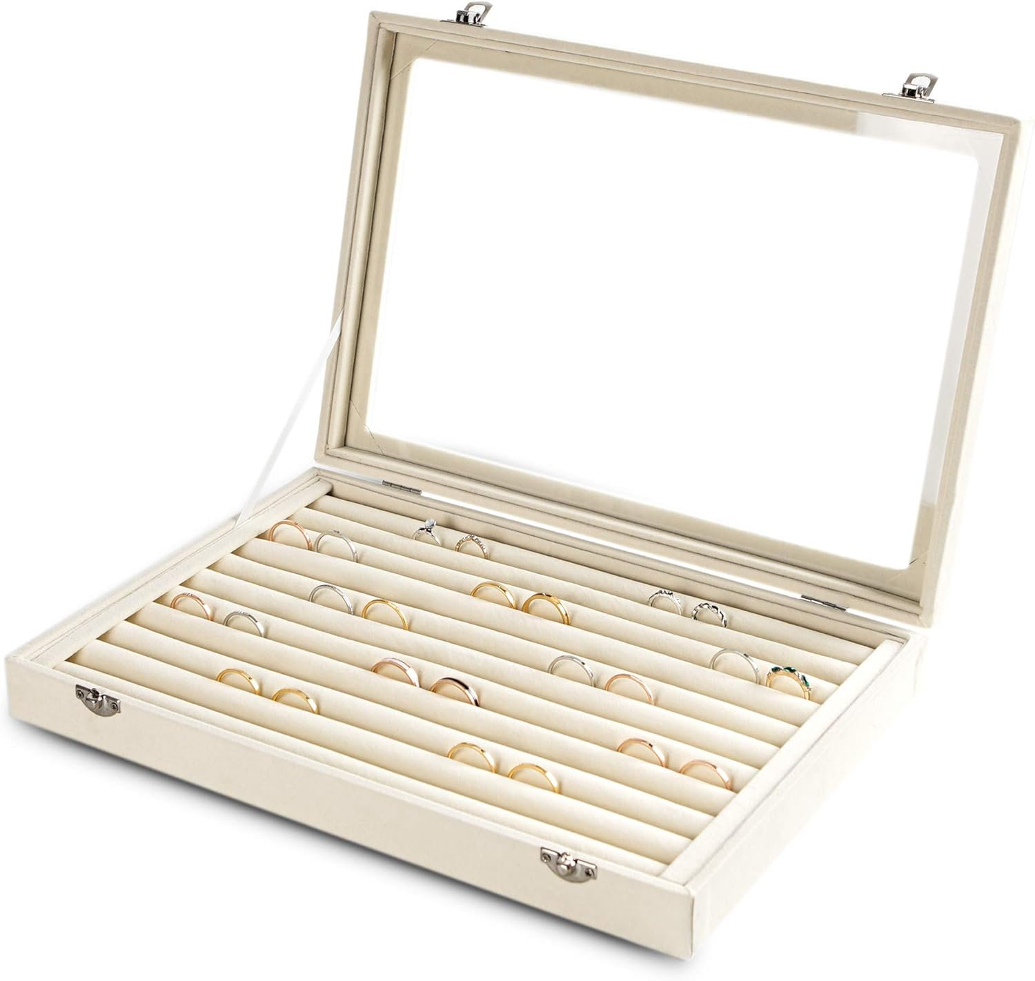 Rings/Earrings Organizer Tray with Clear Lid 10 Slots Velvet Drawer Insert Jewelry Storage Box with Glass Lid Jewelry Display Case Showcase Gift for Girls Women (Beige, 10 Slots)