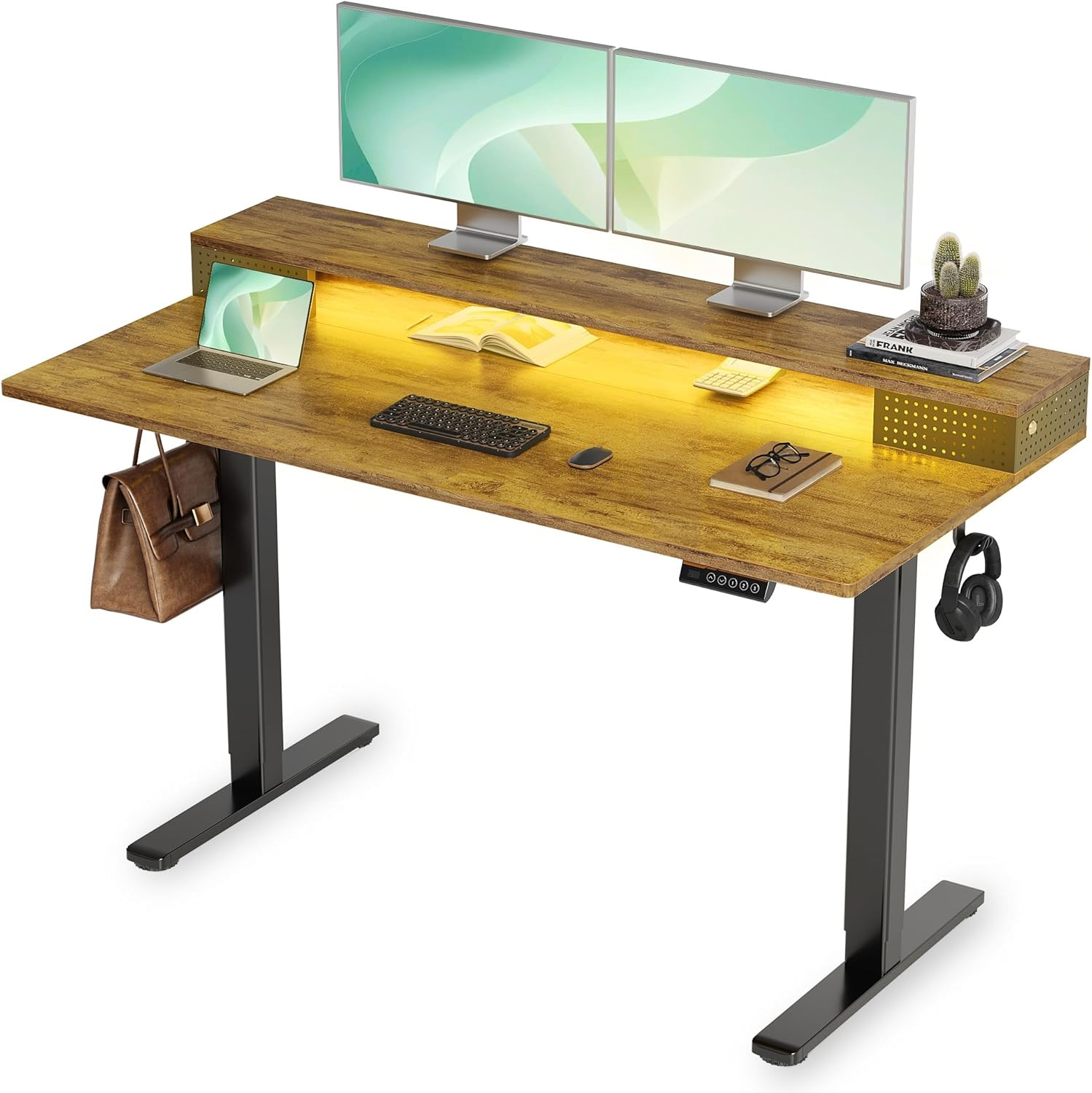 Electric Standing Desk with Shelf, 55 Inch Height Adjustable Standing Desk with LED Lights & Monitor Stand, Black Frame/Rustic Brown Top