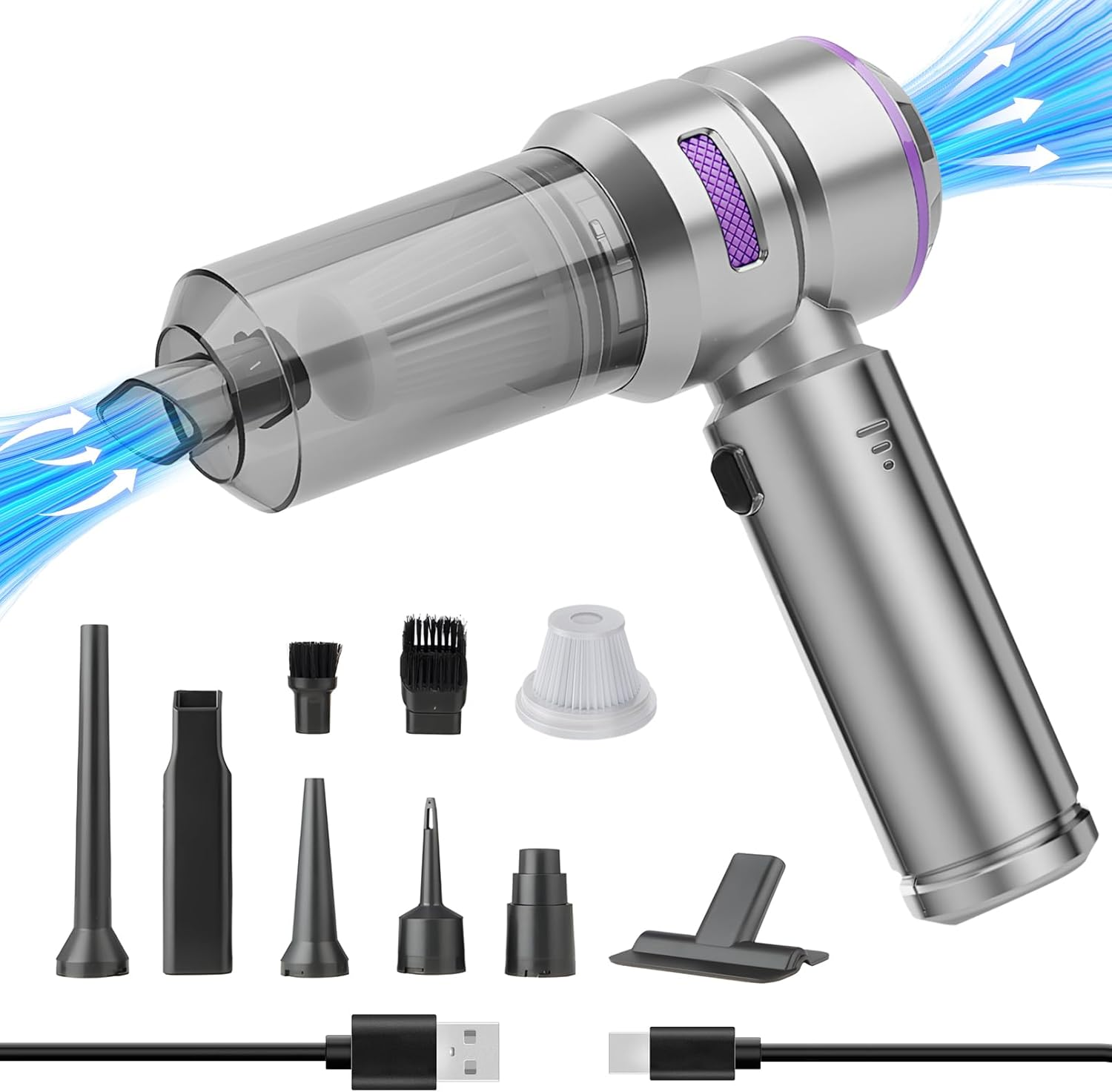 4 in 1 Cordless Handheld Vacuum Cleaner,Car Vacuum Cleaner,22000Pa Strong Suction Mini Vacuum,Dust Blower,Can Be Used for Home,Car(Silver-Purple)