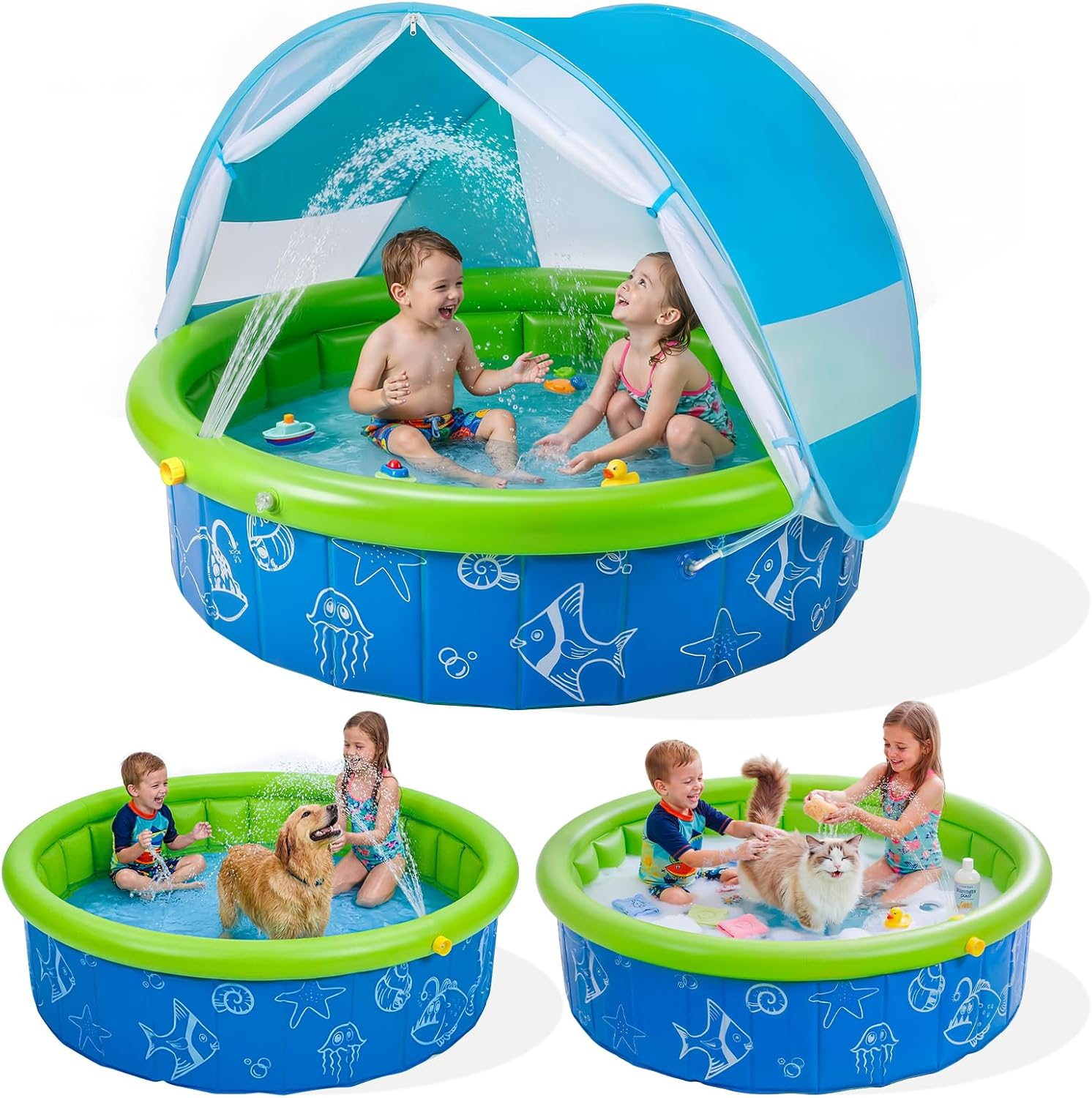 Kids Pool for Toddler, Foldable Kiddie Pool with Removable Canopy, Portable Baby Toddler Pool for Indoor Outdoor, Quick Setup No Tools, Easy Drain Non-Slip Splash Pool for Backyard & Travel (47In)