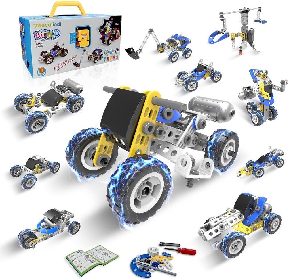 STEM Toys for 5 6 7 8+ Year Old Boy, 10 in 1 Electric Building Toys for Kids Ages 4-8 5-7 6-8, Educational Racing Construction Science Kit for Boys 4-6 4-7, Creative Games Fun Birthday