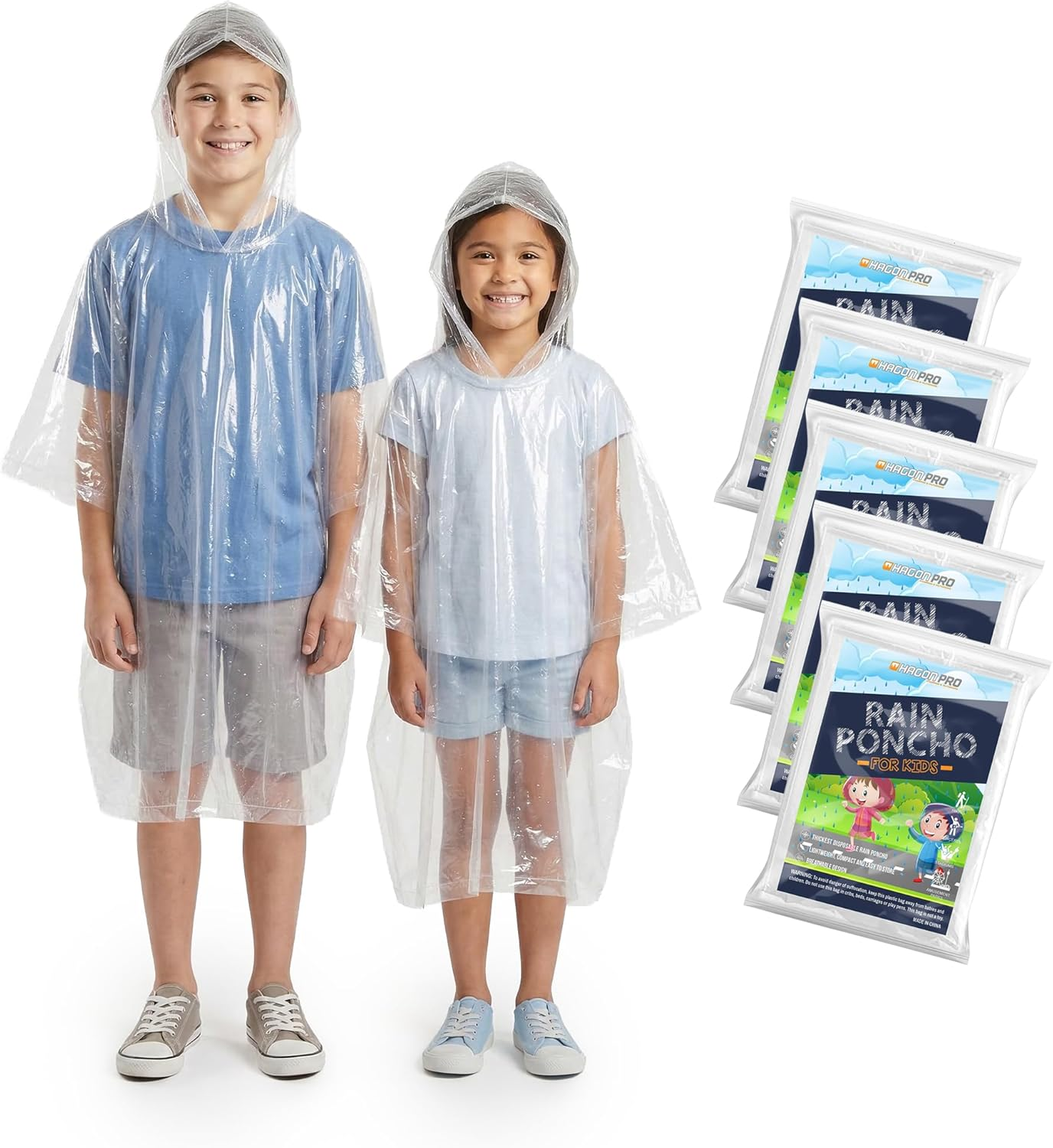 Disposable Rain Poncho for Kids with Hood (5 Pack) | Lightweight, Waterproof, Toddler Rain Coat, Emergency Ponchos, Travel & Theme Parks