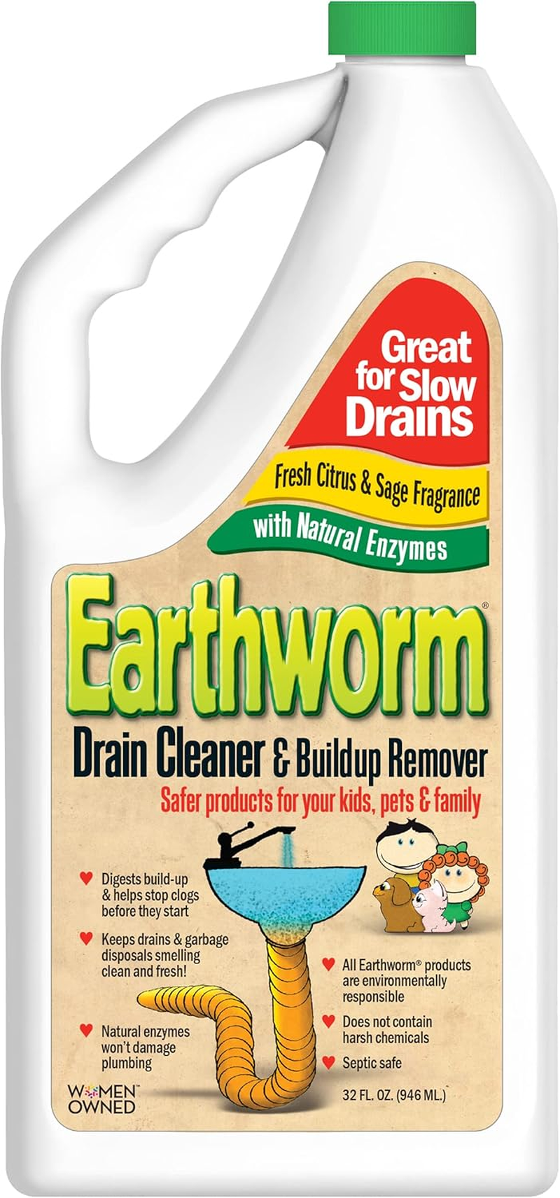 Drain Cleaner - Clog Remover - Drain Opener/Deodorizer - Natural Enzymes, Safer for Families, Environmentally Responsible - 32 Fl Oz