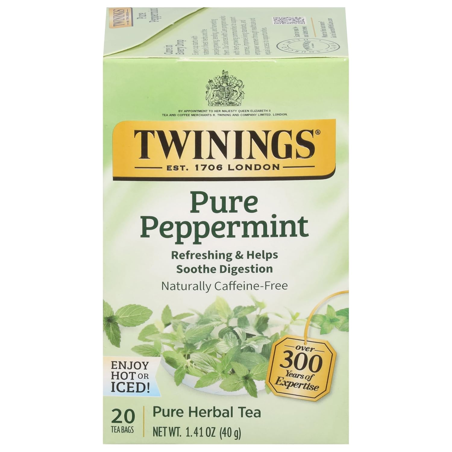 Pure Peppermint Herbal Tea Individually Wrapped Bags, 20 Count (Pack of 1), Fresh Minty Flavour, Naturally Caffeine-Free, Enjoy Hot or Iced, 20 Teabags