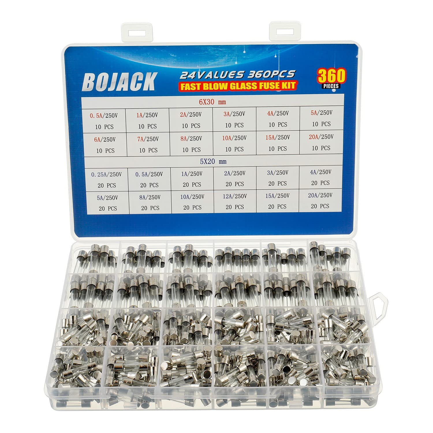 24 Values 360 pcs Fast-Blow Glass Fuses Assortment Kit 5x20mm 250V 0.25 0.5 1 2 3 4 5 8 10 12 15 20A 6x30mm 250V 0.5 1 2 3 4 5 6 7 8 10 15 20A amp packag in a Clear Plastic Box