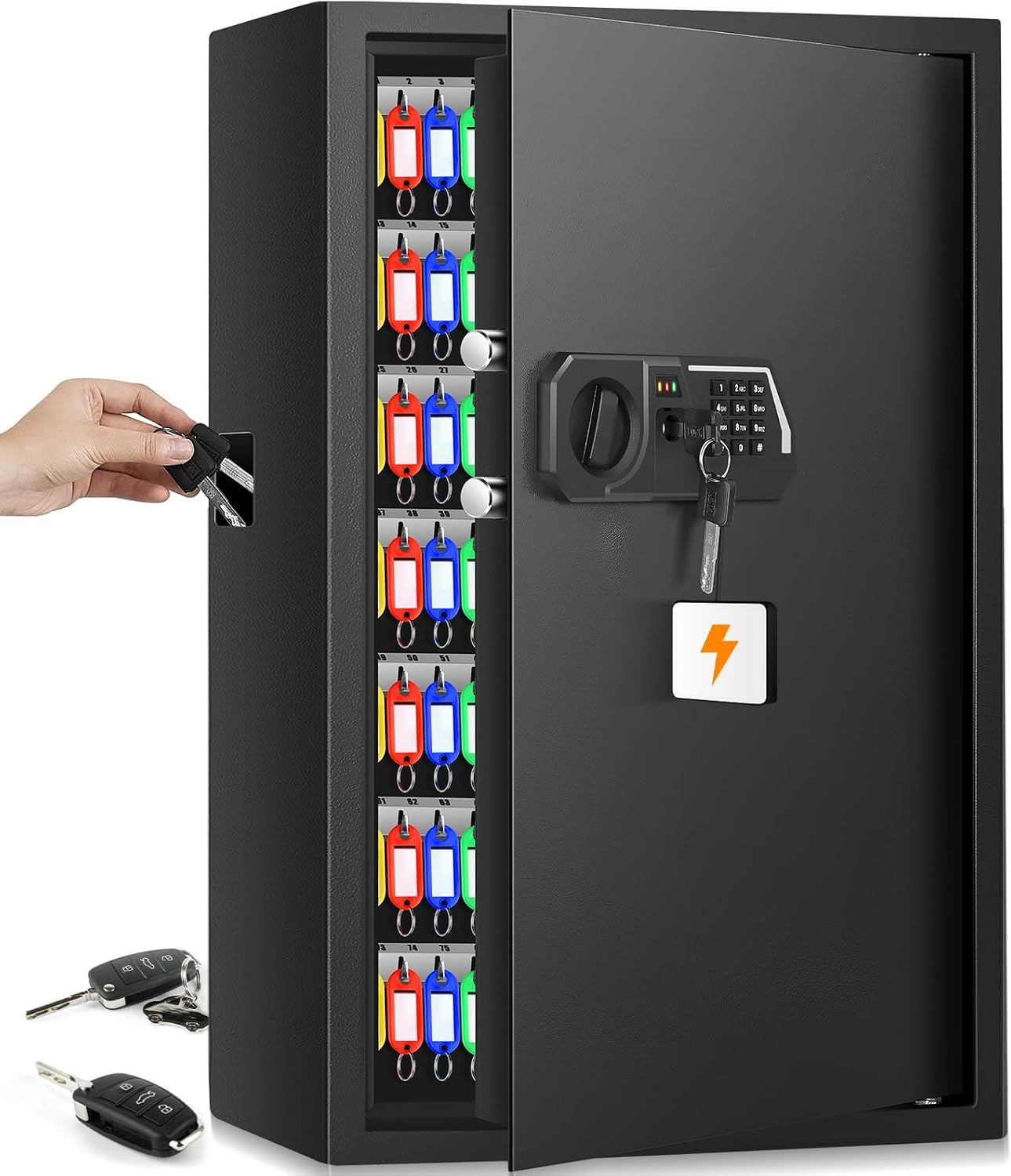 144 Keys Fireproof Key Lock Box Wall Mount with Code & Hook Plates | Combination Lock, Alarm & Silent Modes, Color Tags, Key Drop Slot, Anti-Theft Key Safe for Home Office Garage Rental Business