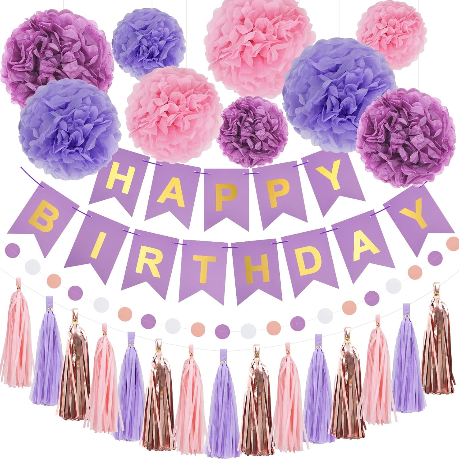Purple Pink Party Decorations for Women Girls With Happy Birthday Banner, Han...