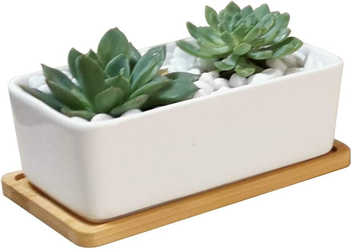 6.5 Inch Rectangle White Ceramic Succulent Planter Pot Decorative Cactus Plan...