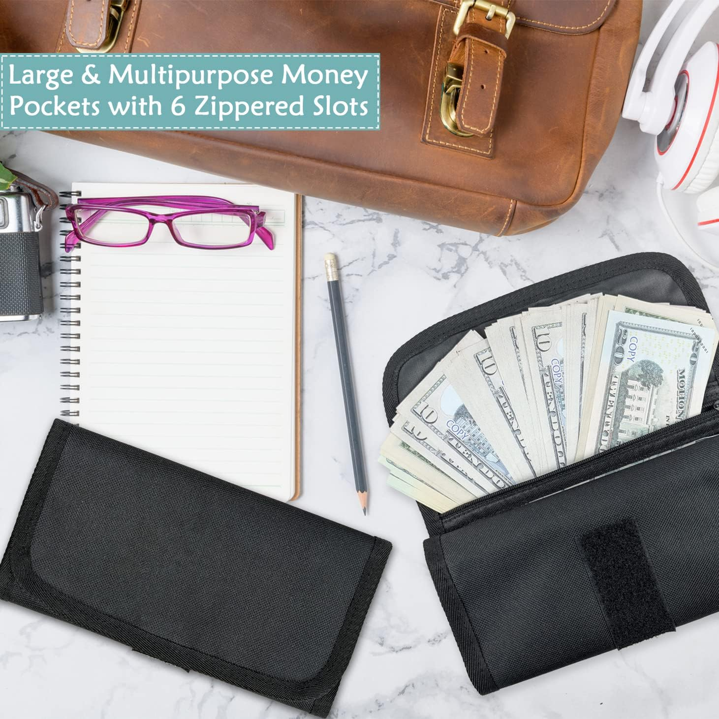 Money Wallet, Organizer for Cash with 6 Zippered Pocket Multipack Pouch, Bill... - Picture 8 of 13