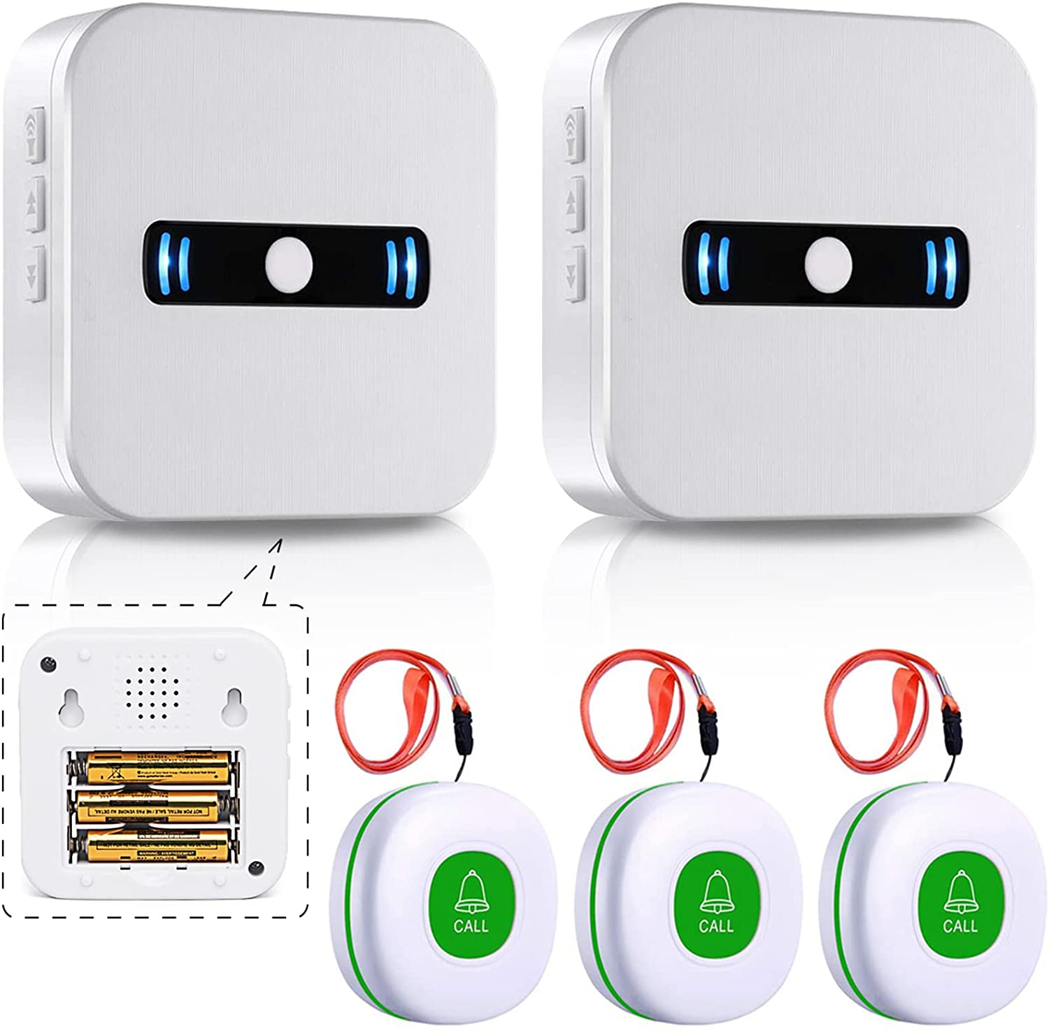 Caregiver Pagers Wireless Call Button Call Alarm Bell for Elderly Patient Personal Nurse Seniors and Disabilities in Home Alert System (2 Receiver+3buttons(Green))