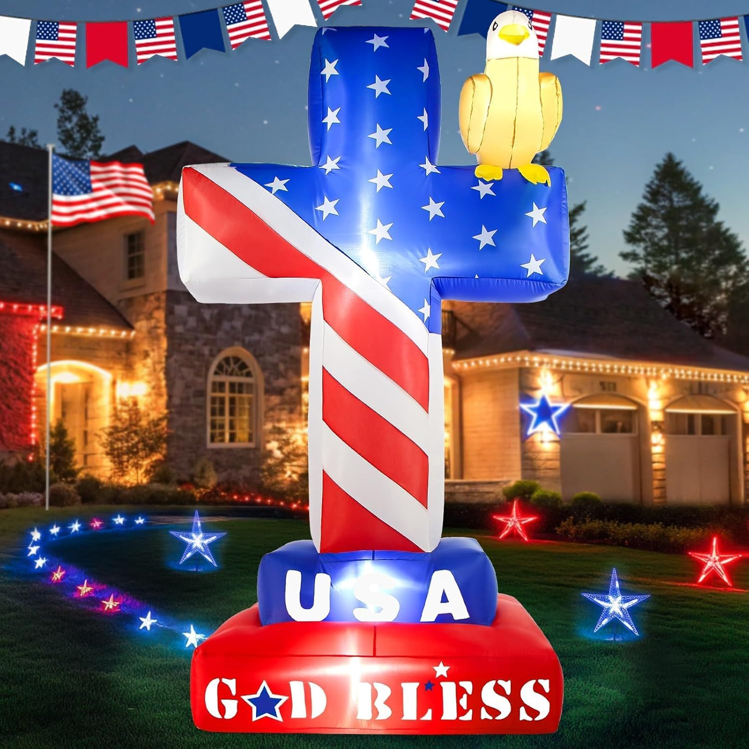 4Th of July Inflatables 8FT Patriotic Inflatable Outdoor Decorations Blow up Cross with American Flag LED Lights Memorial Day Fourth of July Independence Day Blow Ups Holiday Garden Yard Décor