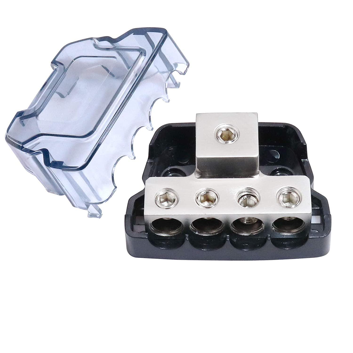 4 Way Power Distribution Block, 0/2/4 AWG Gauge In, 4/8/10 Gauge Out, Car Audio Stereo Amp Ground Distributor Connecting Block for Car Audio Amplifier Splitter (1 in 4 Out)