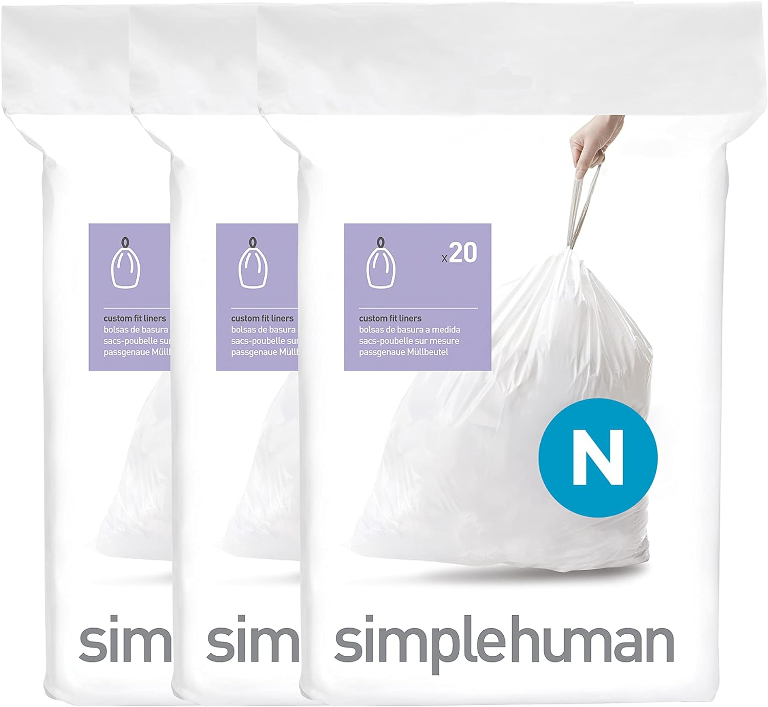 Simplehuman CW0262 Code N Custom Fit Bin Liner Bulk Pack, White Plastic (3 Pack of 20, Total 60 Liners)