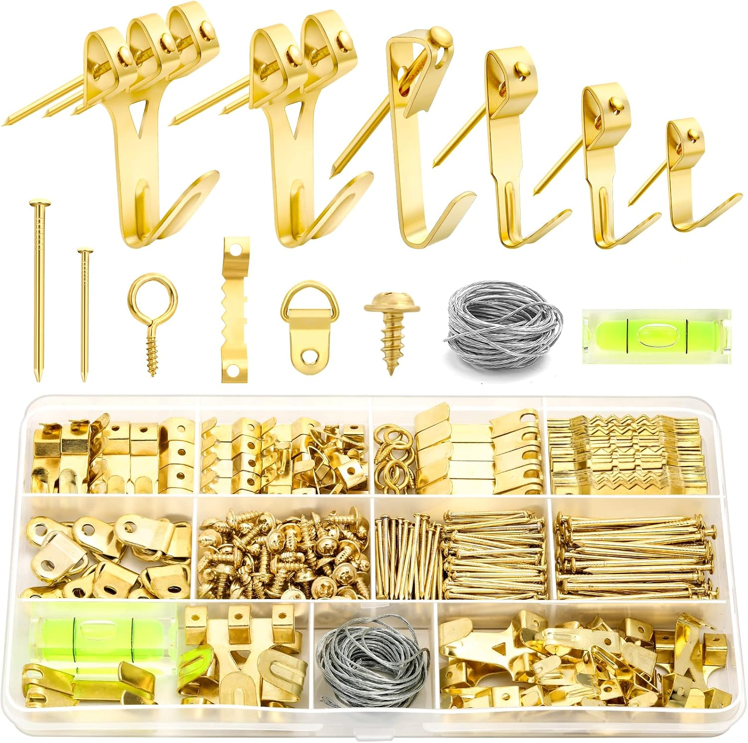 372 PCS Picture Hanging Kit, with Sawtooth Picture Hangers, Heavy Duty Frame Mirror Hanging Hardware, Picture Hanging Hooks Wire Nails, Screw Eyes, D Ring and Level for Wall Mounting