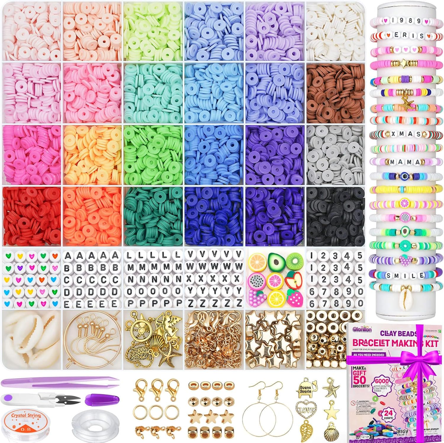 6000 Clay Beads Bracelet Making Kit, 24 Colors Flat Preppy Beads for Friendship Bracelets, Polymer Clay Bead with Charms for Jewelry Making, Crafts Gifts for Girls Ages 6-12