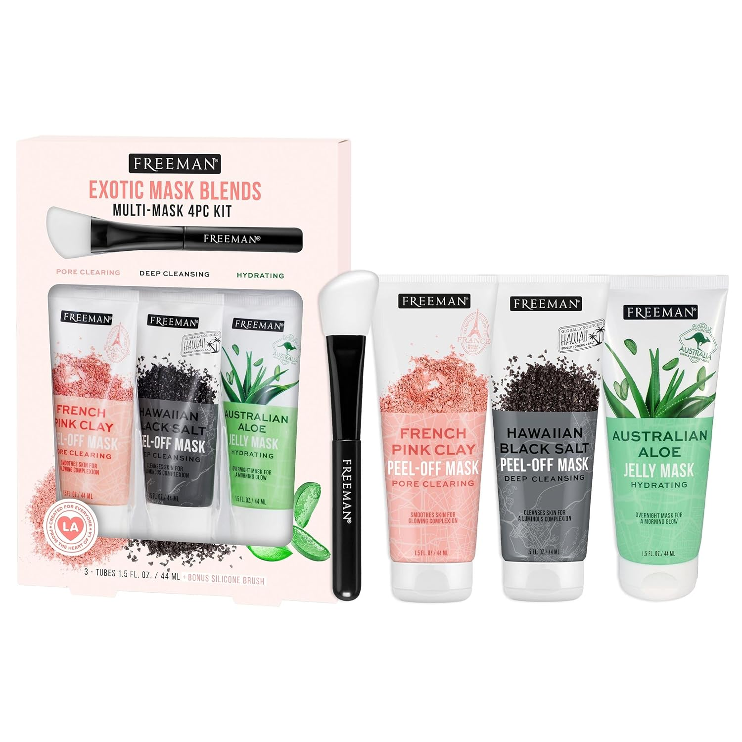 Exotic Blends Facial Mask 4 Piece Set, Peel-Off & Jelly Masks, Cleansing, Pore-Clearing & Hydrating Facial Masks, for All Skin Types, Includes Silicone Mask Brush, Vegan & Cruelty-Free