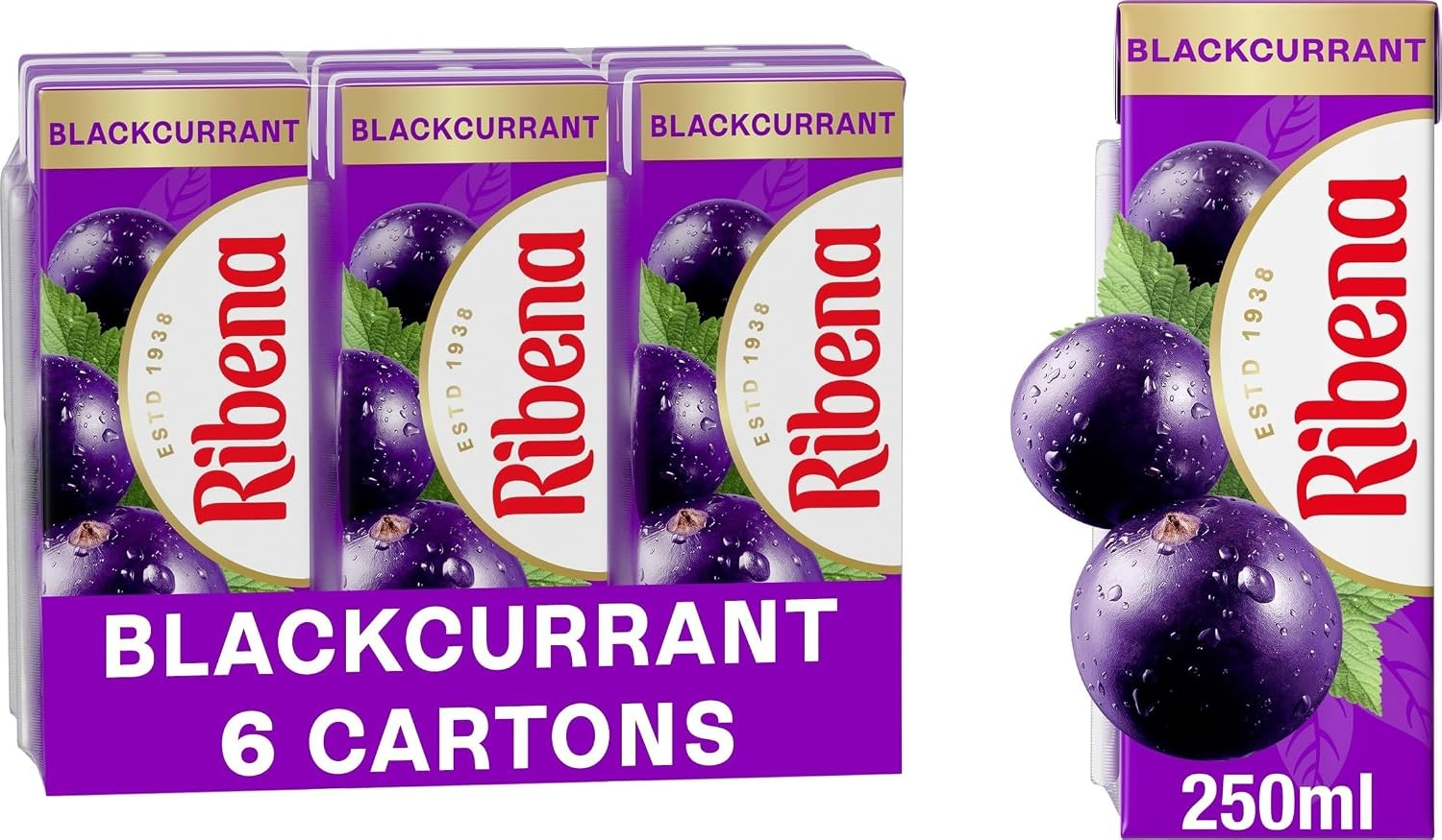 Ribena Blackcurrant Juice Drink Cartons - Multipack 6x250ml; Real Fruit; Rich In Vitamin C; No Artificial Colours or flavours ; Perfect For On The Go