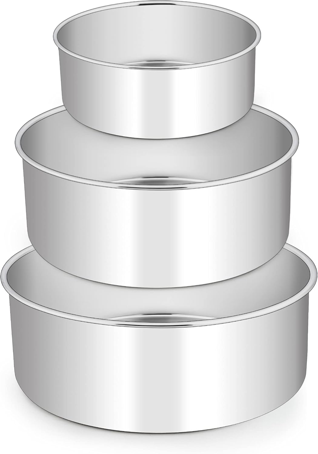E-Far Deep Cake Pan Set of 3 (6 Inch/8 Inch/9½ Inch), Stainless Steel round Layer Cake Baking Pans, Metal Tier Cake Tins for Wedding Birthday, Leak Proof & Straight Side, Non-Toxic & Dishwasher Safe