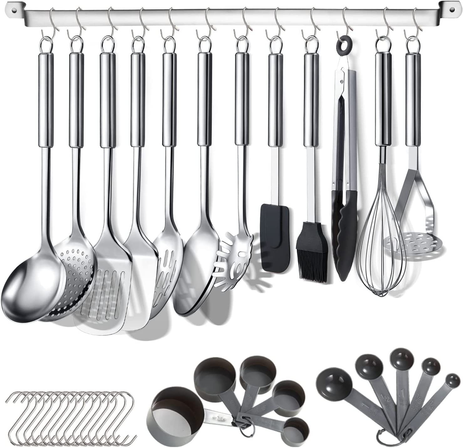 Ensemble D'Ustensiles De Cuisine 38 Pièces De Cuisine En Acier Inoxydable, Ustensiles De Cuisine Avec Support Pour Ustensiles Et Crochets Pour Accrocher Au Lave-Vaisselle