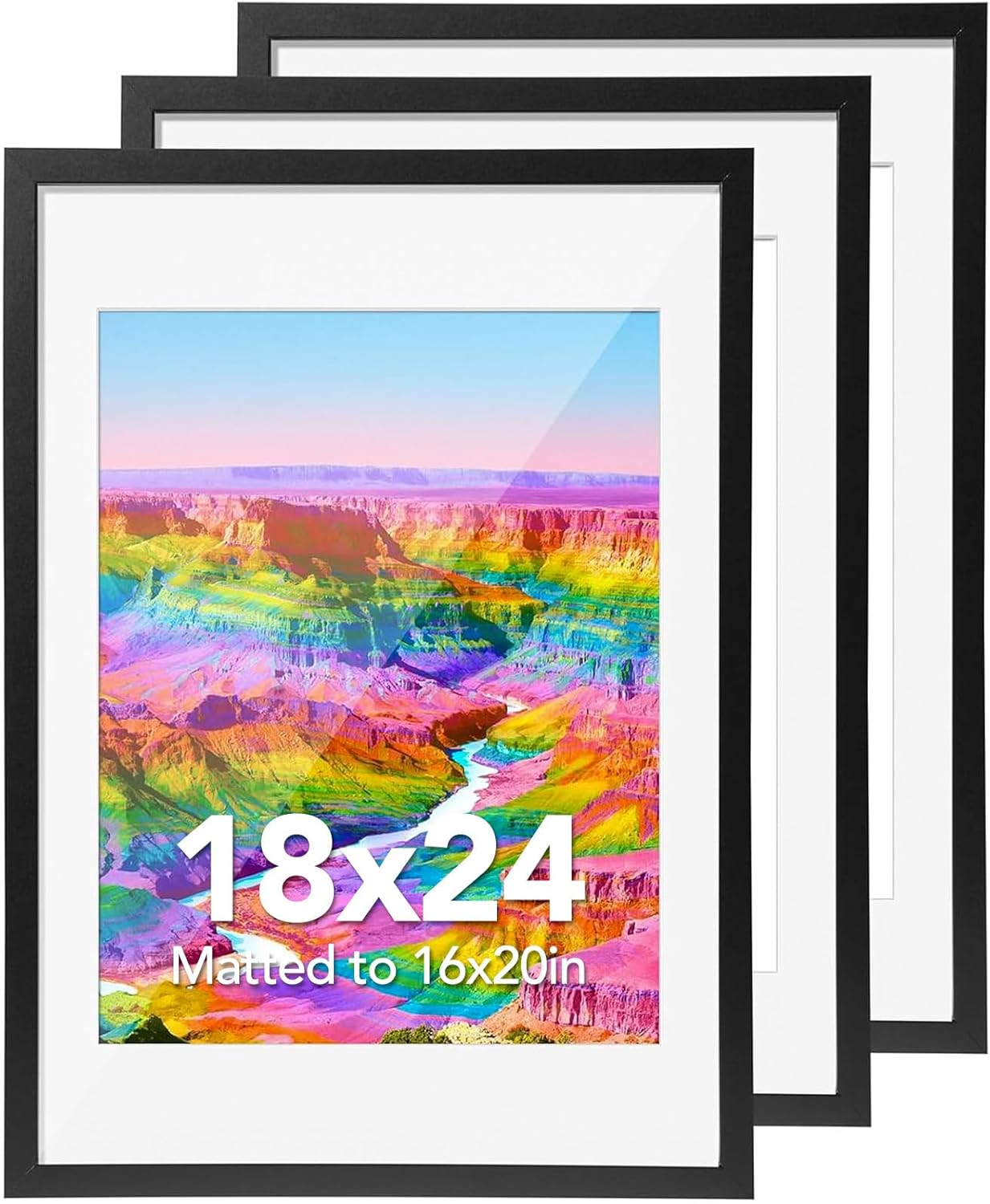 18X24 Poster Frame Black Set of 3, Picture Frame 16X20 with Mat or 18X24 without Mat, Large Collage Photo Frame for Wall Mounting, Gallery Diamond Art Frame