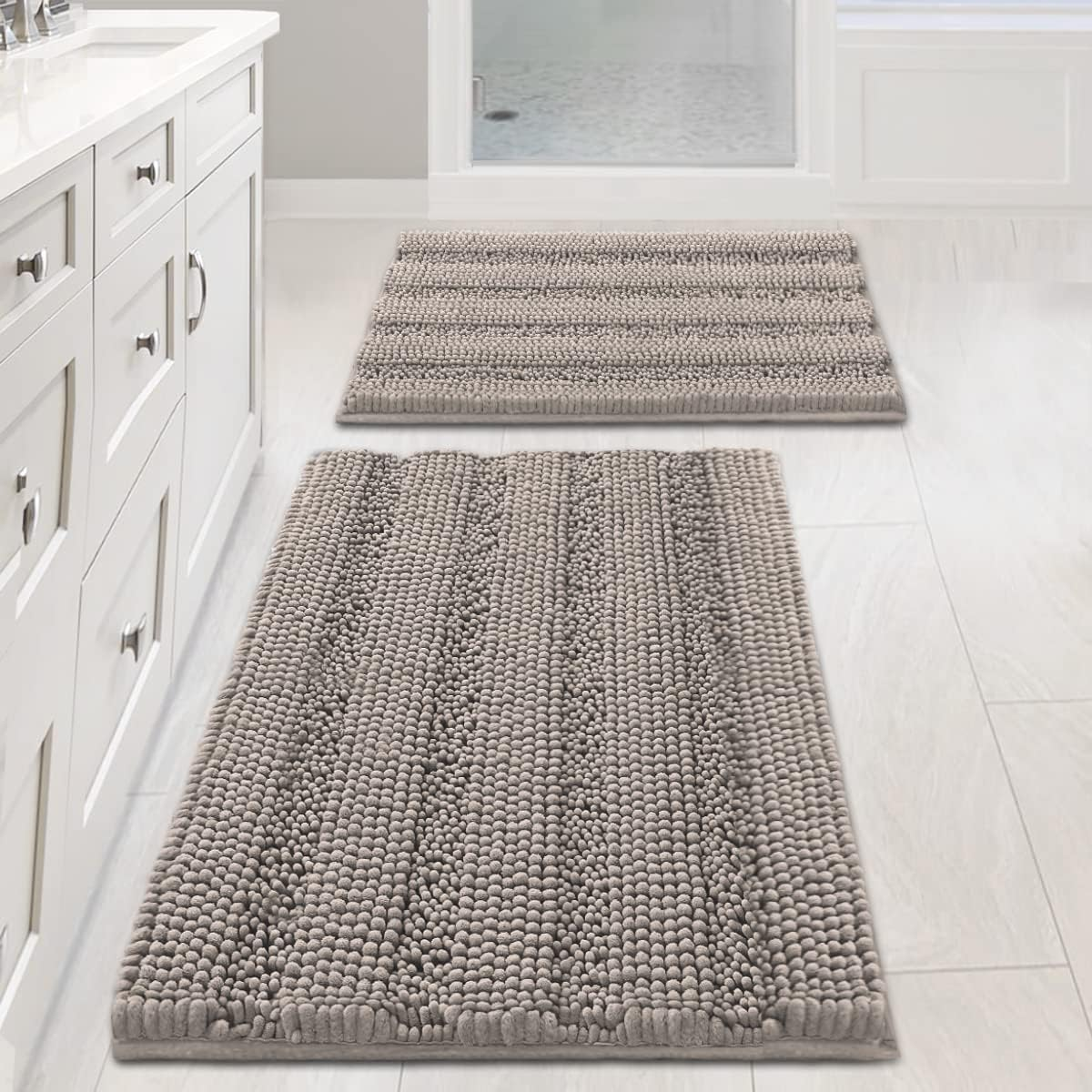 Non Slip Thick Shaggy Chenille Bathroom Rug Mat Set Extra Soft and Absorbent Striped Floor Rugs, 2 Piece, Machine-Washable