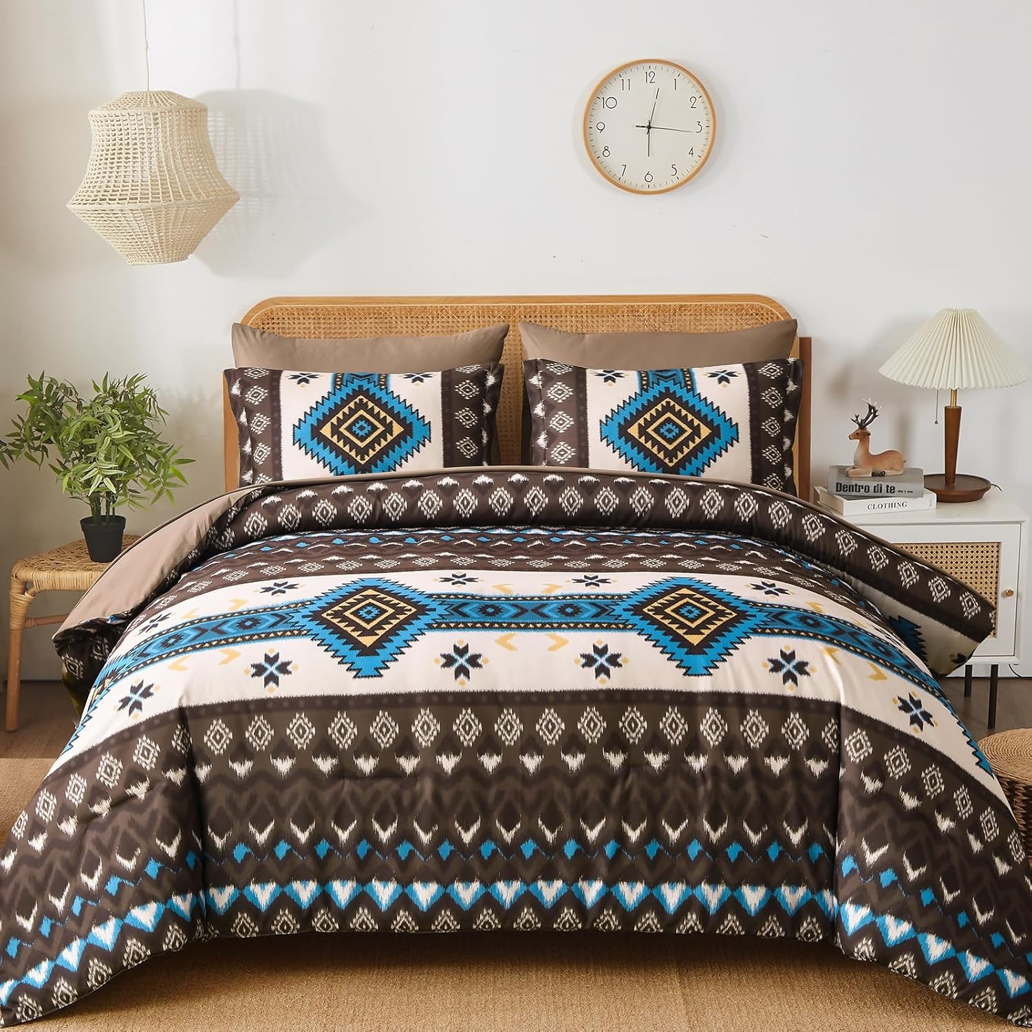 King Size Brown Blue Comforter Set, 7 Pieces Boho Aztec Bed in a Bag, All-Season Bedding Set with Sheets & Pillow Shams, Bohemian Geometric Striped Pattern