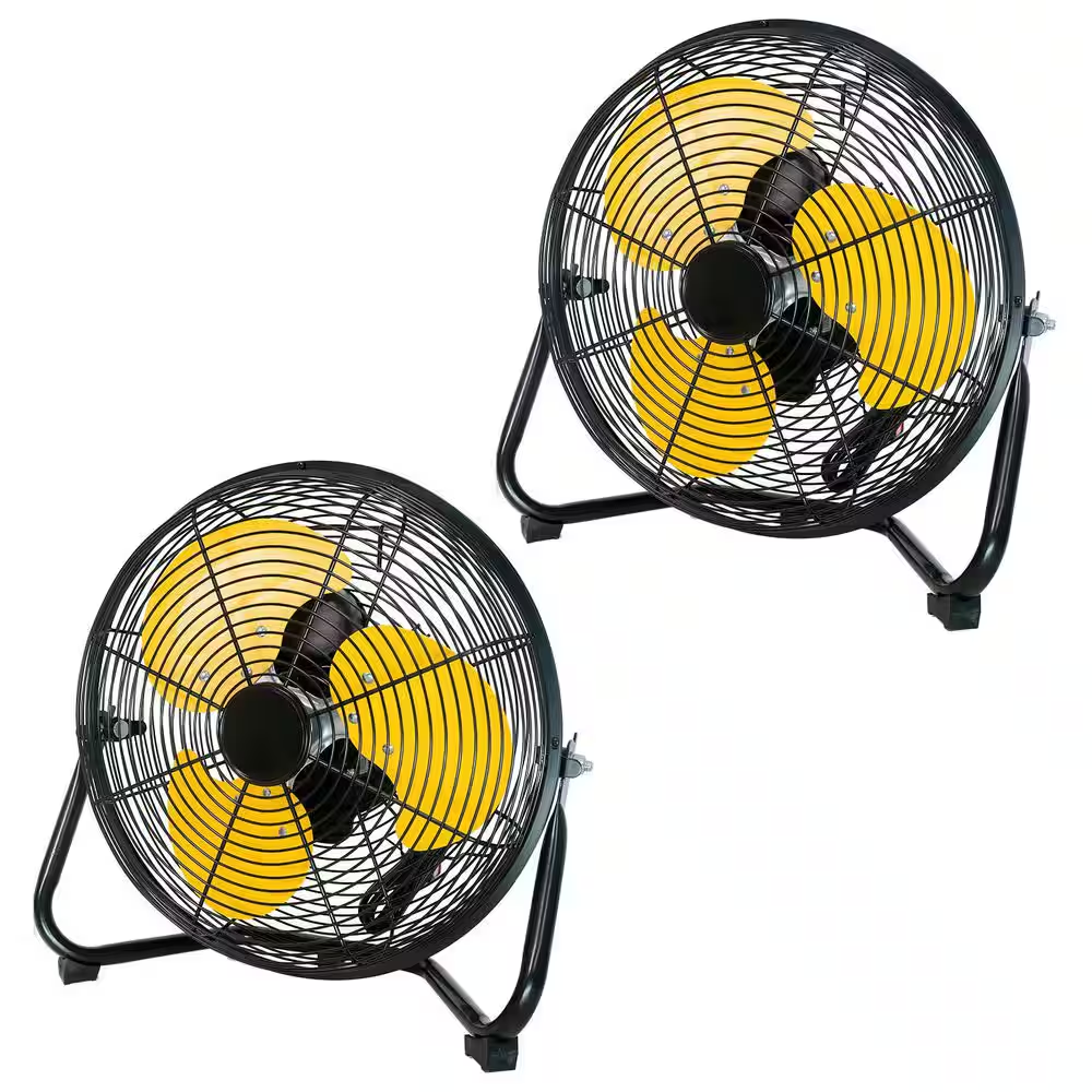 2-Piece 12 In. 3-Speed High Velocity Floor Fan in Black W/Adjustable Head Tilt, Heavy Duty Fan for Home Garage Workshop
