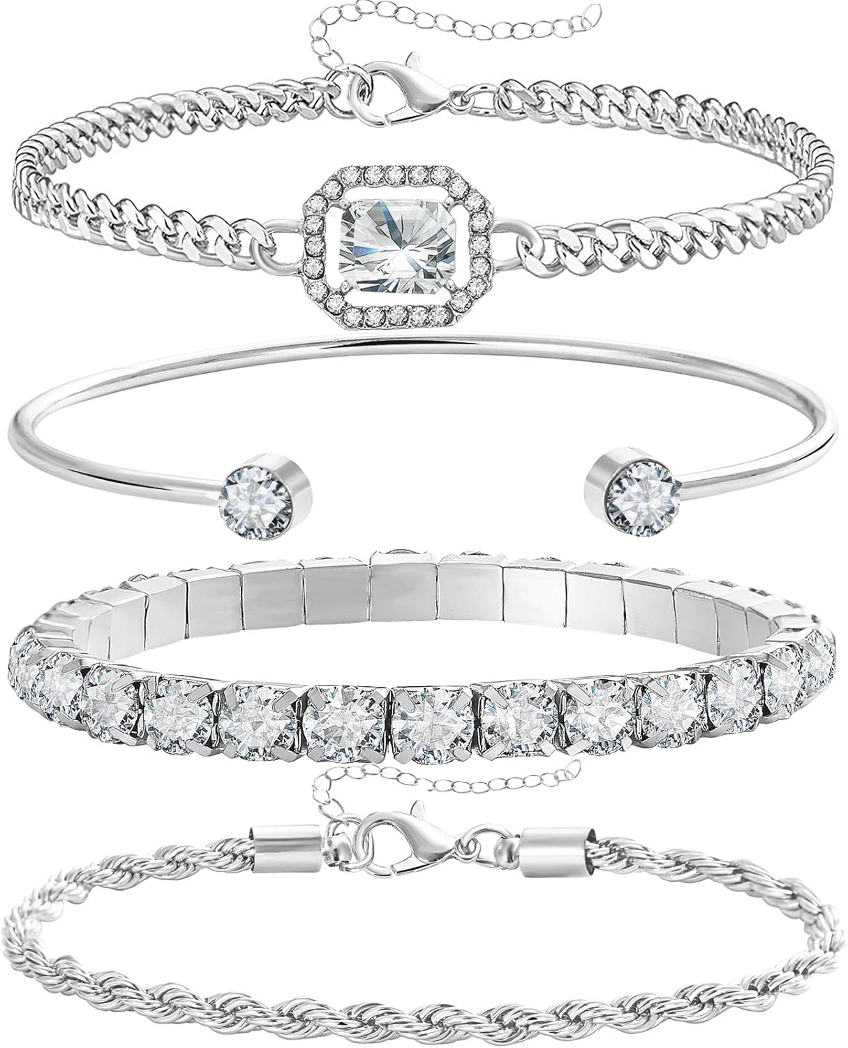 4 PCS Gold & Silver CZ Paperclip Bracelet Set
