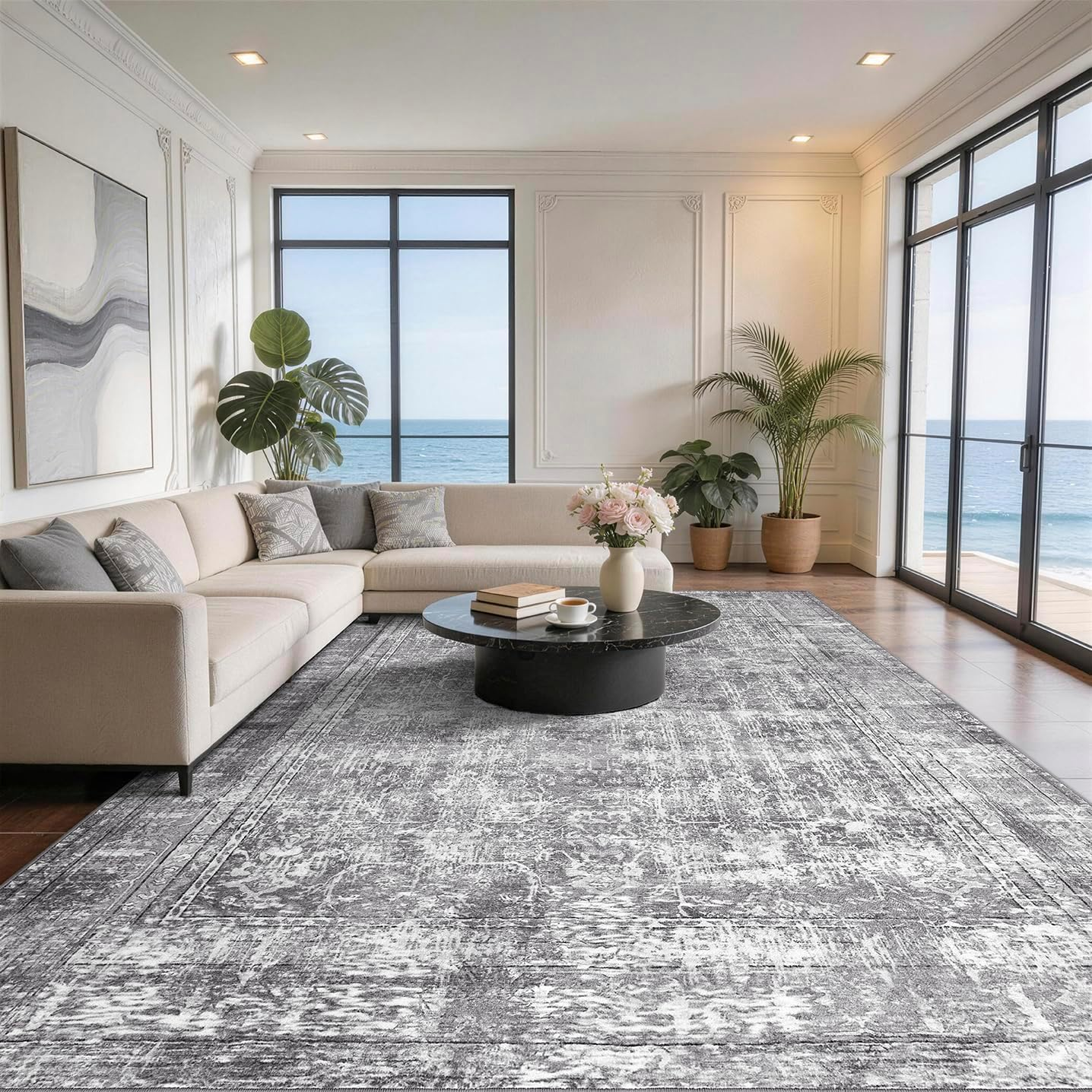 5x7 Area Rugs for Living Room, Non Slip Washable Rugs Large Rug Indoor Carpet, Durable & Soft Vintage Rug for Bedroom Dining Room Home Office Decor, Grey