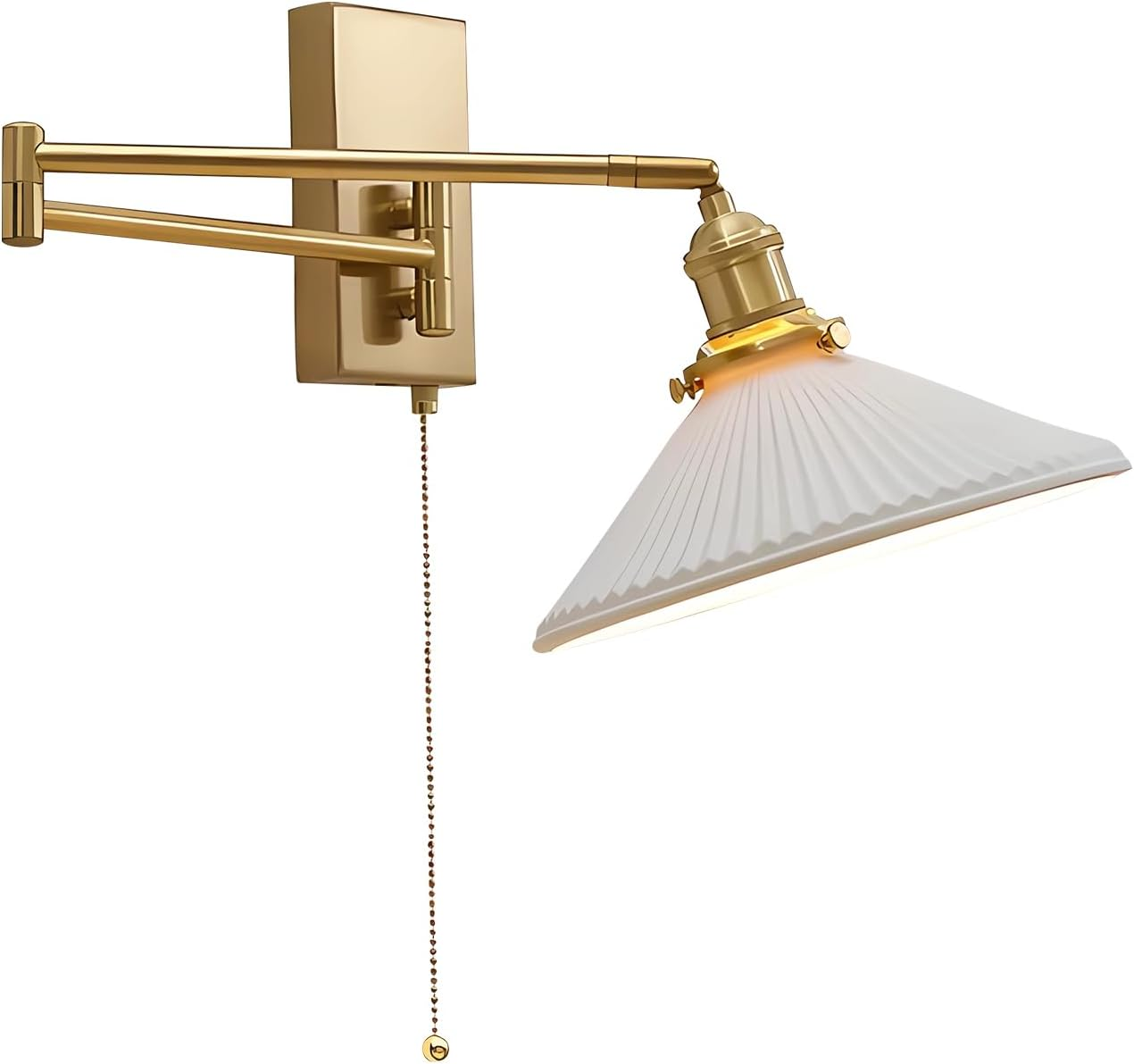 Vintage Milk Glass Wall Sconce Modern Rushed Brass Swing Arm Wall Light Mid Century Gold Wall Sconce with Pull Chain Wall Mounted Light Fixture White Ceramic Wall Lamp for Bedroom MWL14A-1