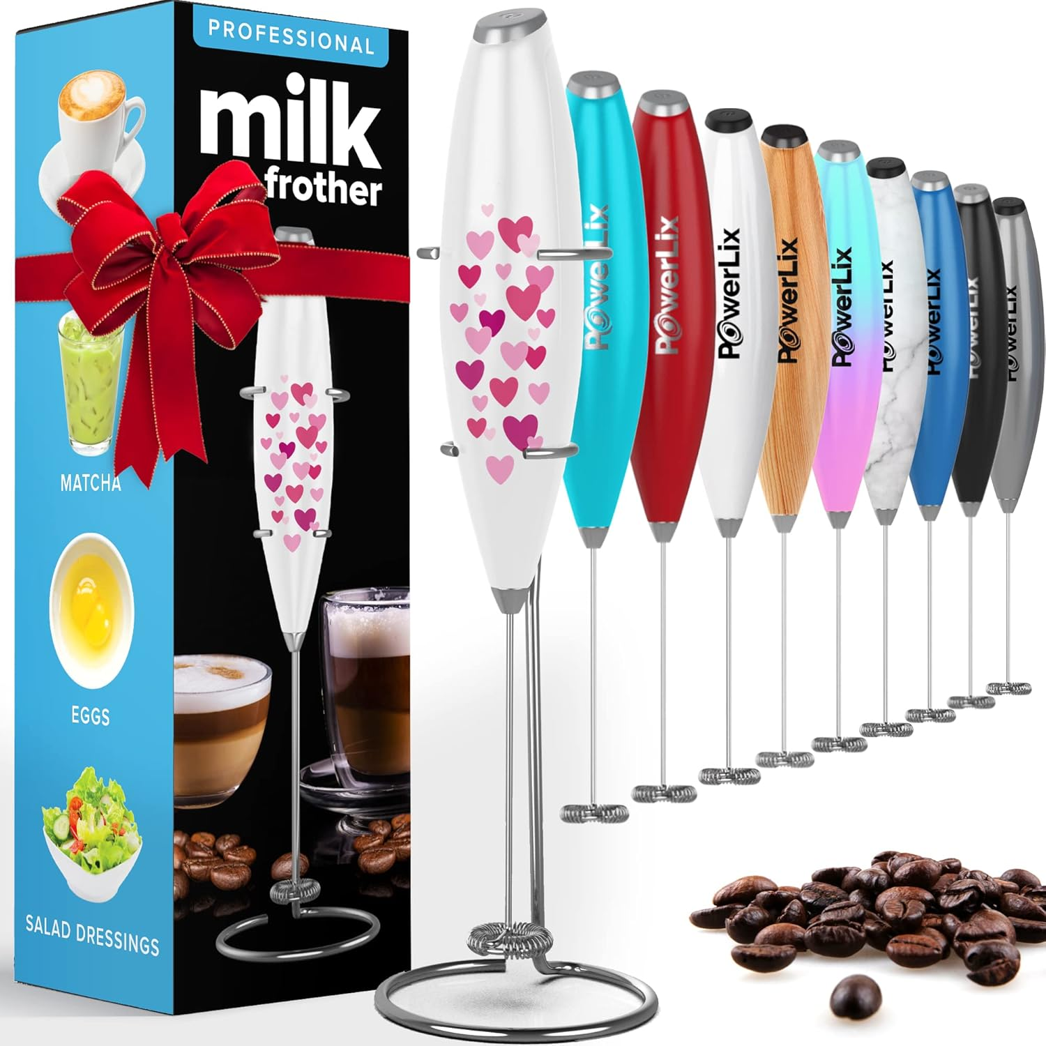 Powerlix Powerful Handheld Milk Frother with Stand Battery Operated Foam Maker Frother Wand for Coffee (A Black) (Hearts)