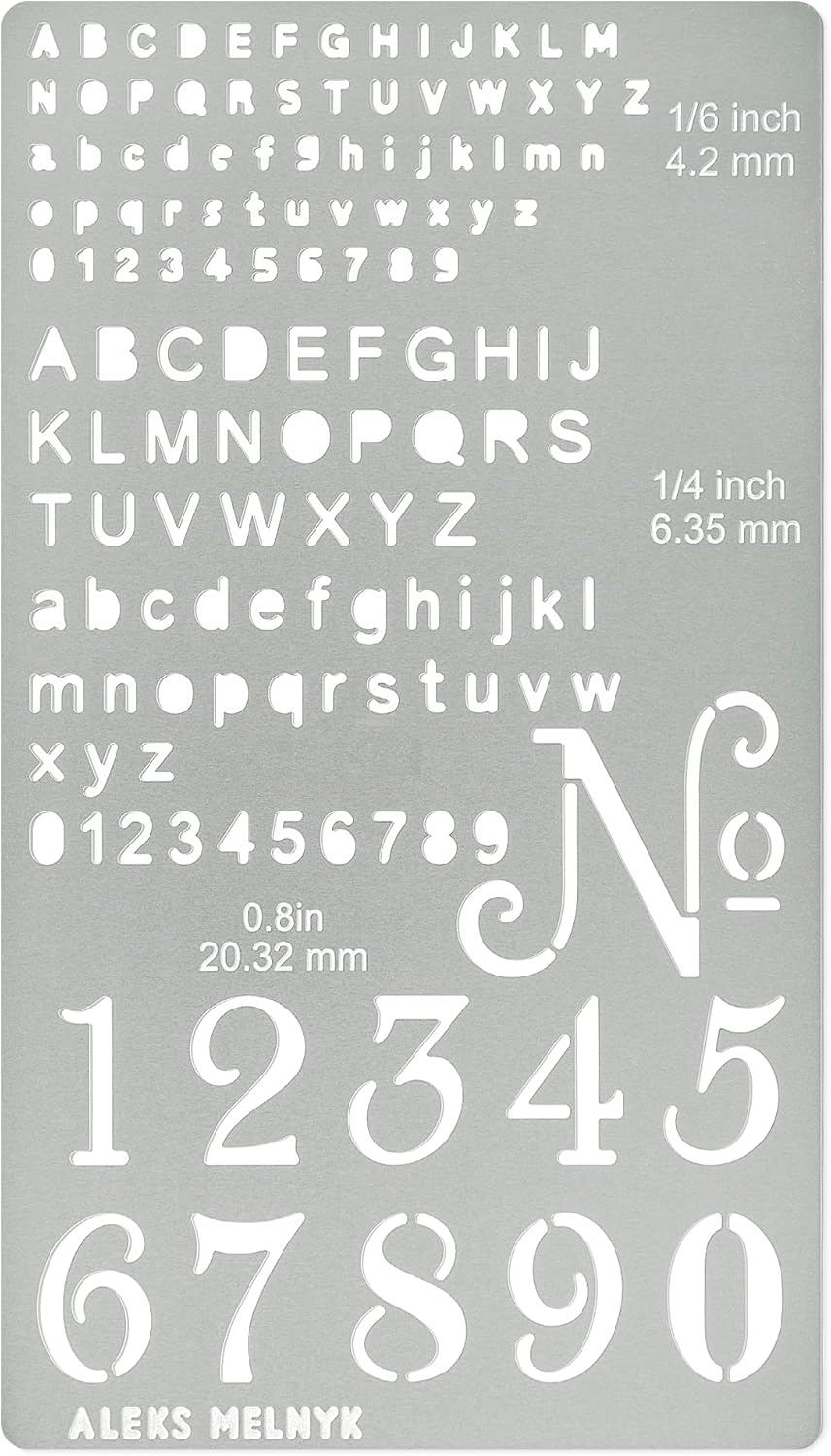 No.422 Metal Stencil, Tiny Letters, Normografo, Pyrography, Wood Burning, 1 PCS, Template, Engraving Wood and Patterns, Alphabet and Number, Lettering, Letting, Bullet Journaling