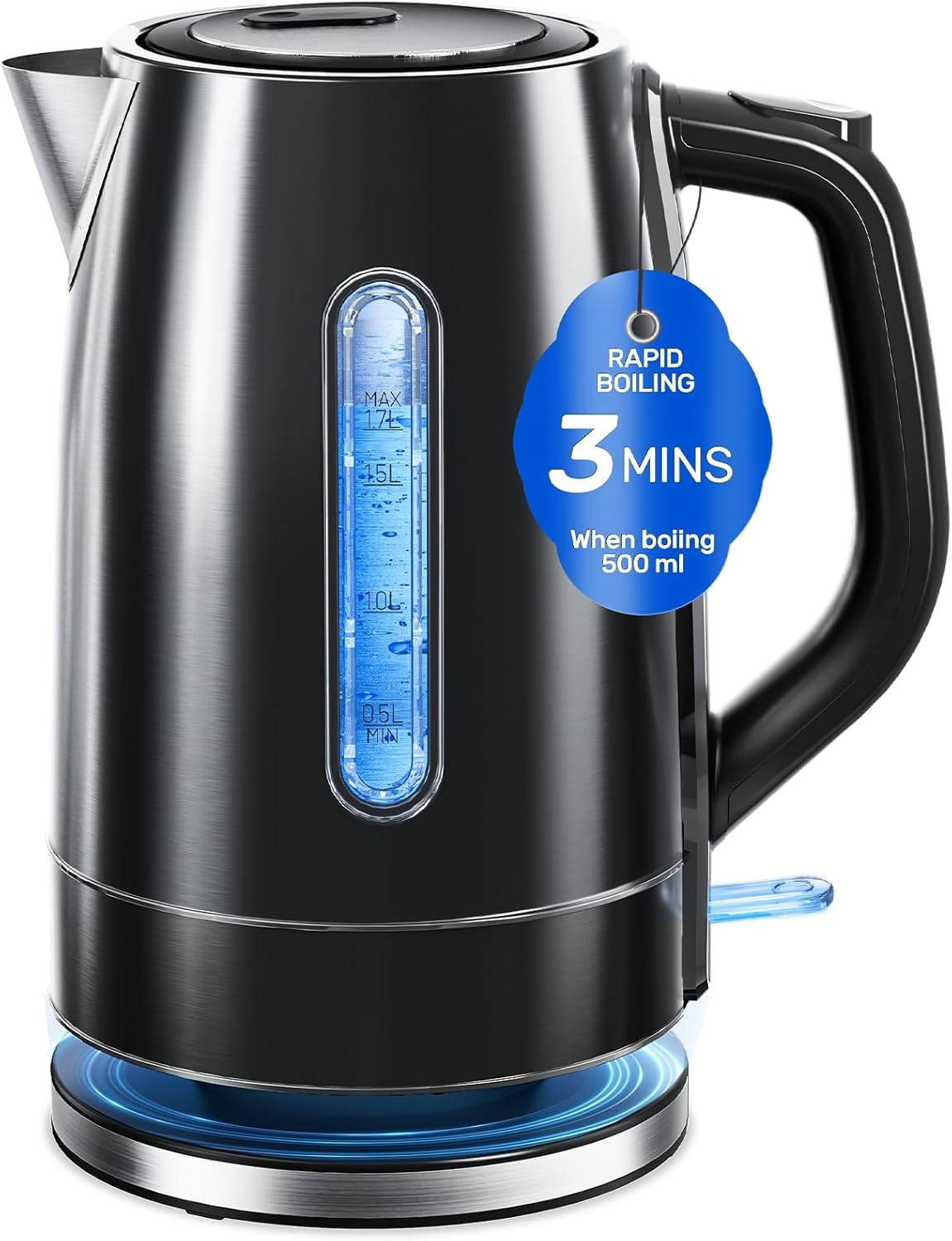 Electric Kettle - 1.7L Stainless Steel Kettle Black, 2200W Quick Boil Kettles with Boil-Dry & Overheat Protection, 3-Min Fast Boiling Hot Water Boiler  Tea, Coffee, Kitchen & Home