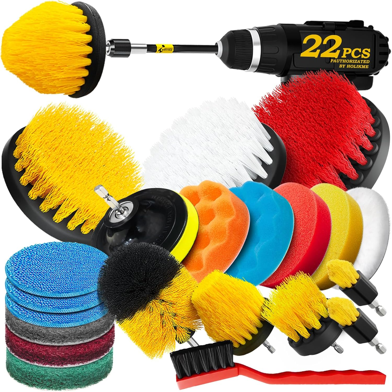 22Pack Drill Brush Attachments Set,Scrub Pads & Sponge, Buffing Pads,Power Scrubber Brush,Car Polishing Pad Kit,Wax Applicator Pad,Car Cleaning Kit,Masonry Brushes,Cleaning Supplies