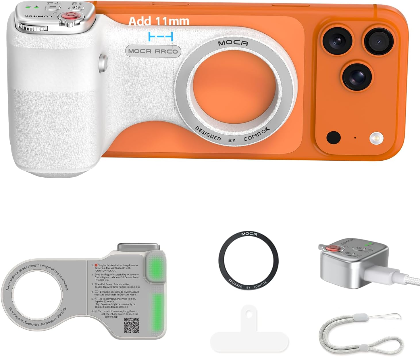 Phone Camera Grip MOCA ARCO for Video Recording with Thumb Rest Area Design for Iphone Pro Max, with Enhanced Phone Mount & Detachable Remote for Easy Shooting, Video Call, Support Ios17/18/26