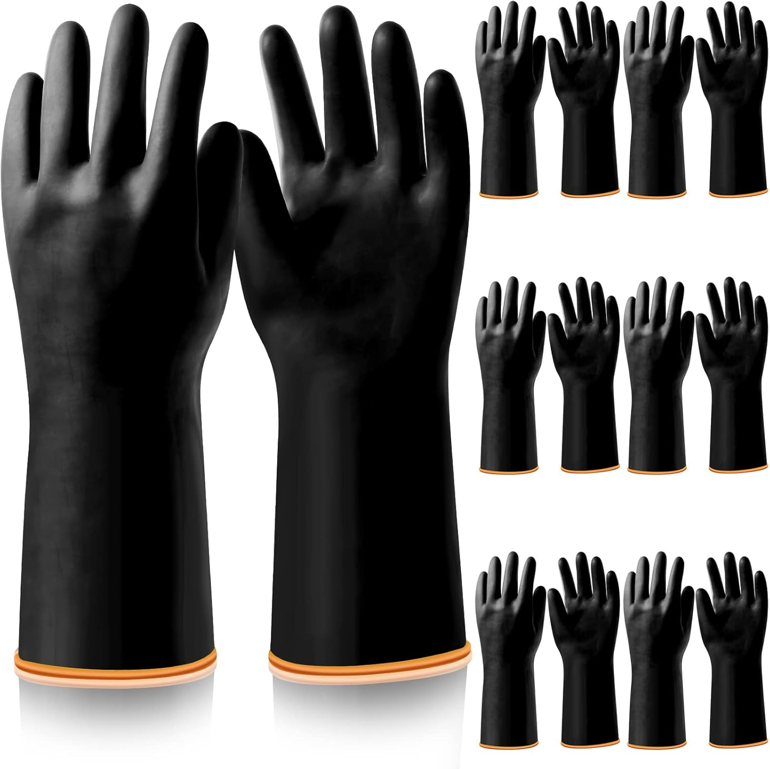 6 Pairs Chemical Resistant Gloves Heavy Duty Industrial Rubber Gloves Cleaning Gloves Black Protective Safety Work Waterproof Reusable Gloves for Car Home Lab, 14 Inches Large