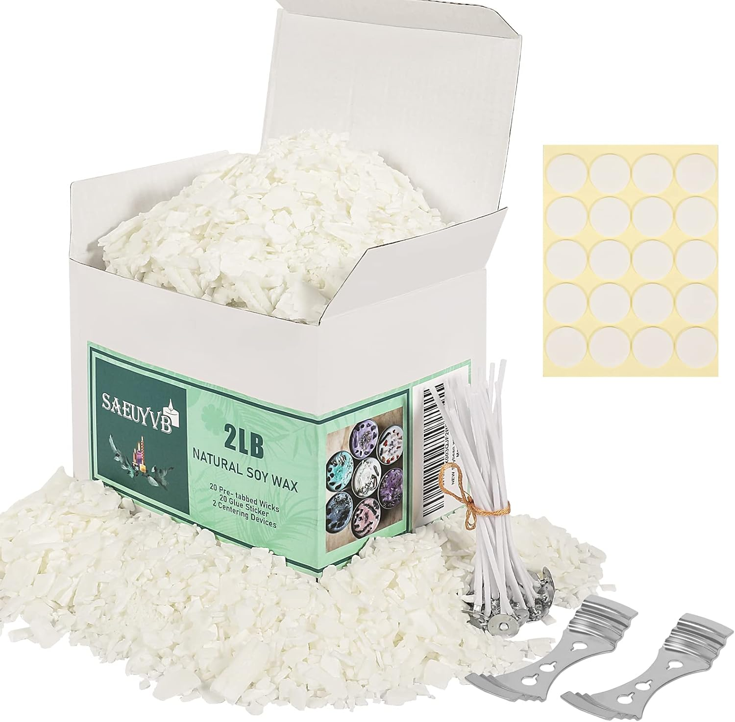 Natural Soy Candle Wax and Soy Candle Wax for Candle Making - 2 Lbs Soy Wax for Candle Making,Premium Soy Candle Wax.20 Candle Wicks, 20 Wick Stickers, and 2 Centering Devices