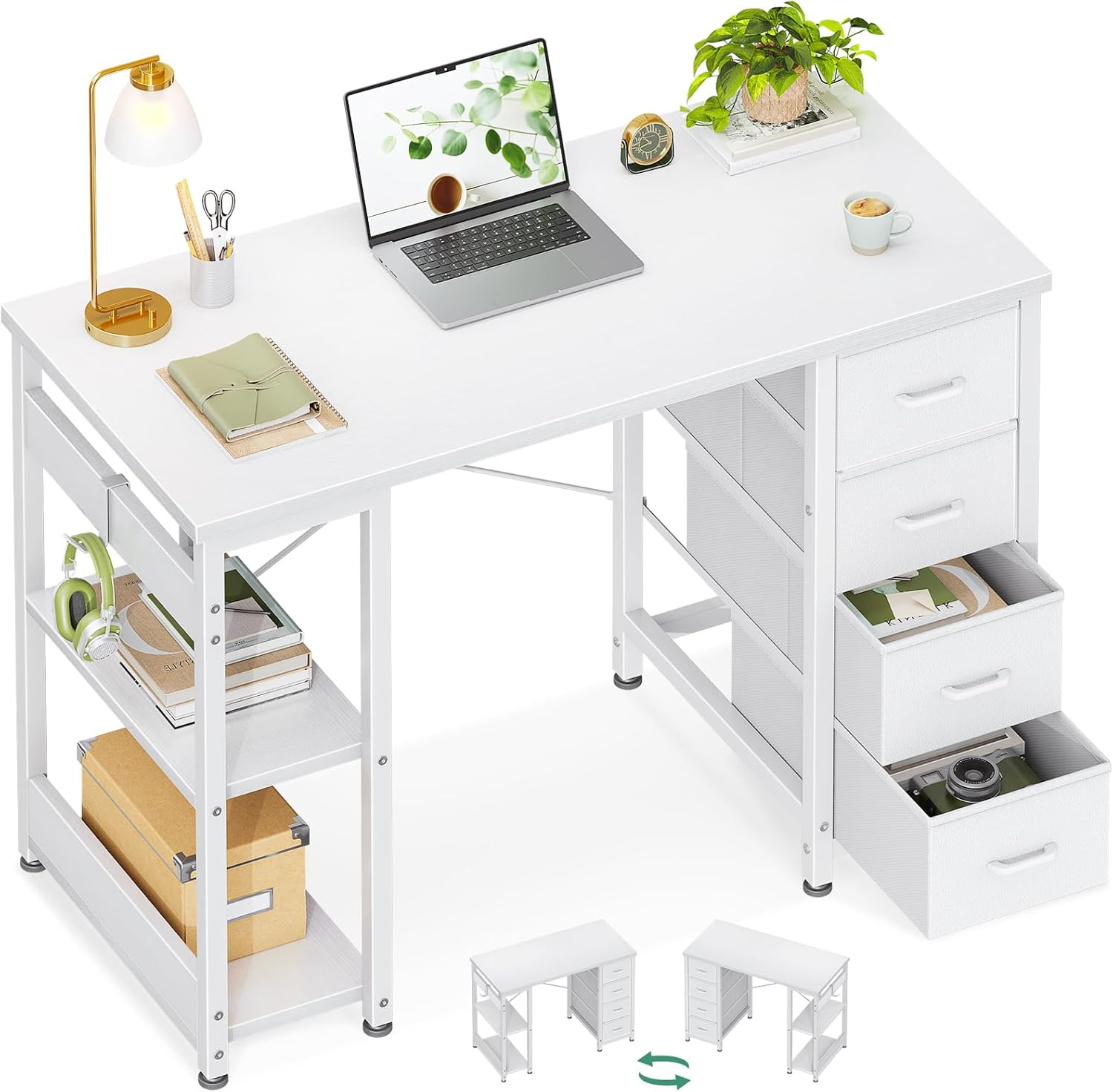 ODK 40Inch Computer Desk with 4 Fabric Drawers and 2 Storage Shelves,Reversib... - Picture 2 of 14