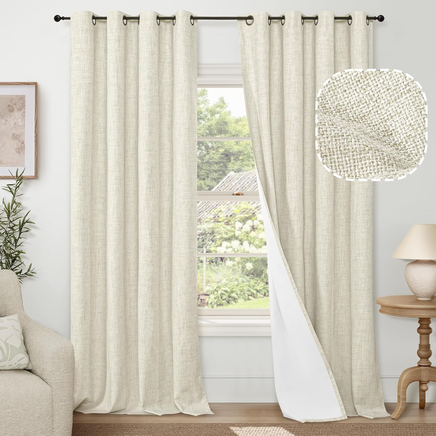 Blackout Curtains for Bedroom - Linen Black Out Curtains 84 Inch Long Thermal Insulated Burlap Grommet Window Drapes for Farmhouse Living Room Darkening, 2 Panels, Each 52