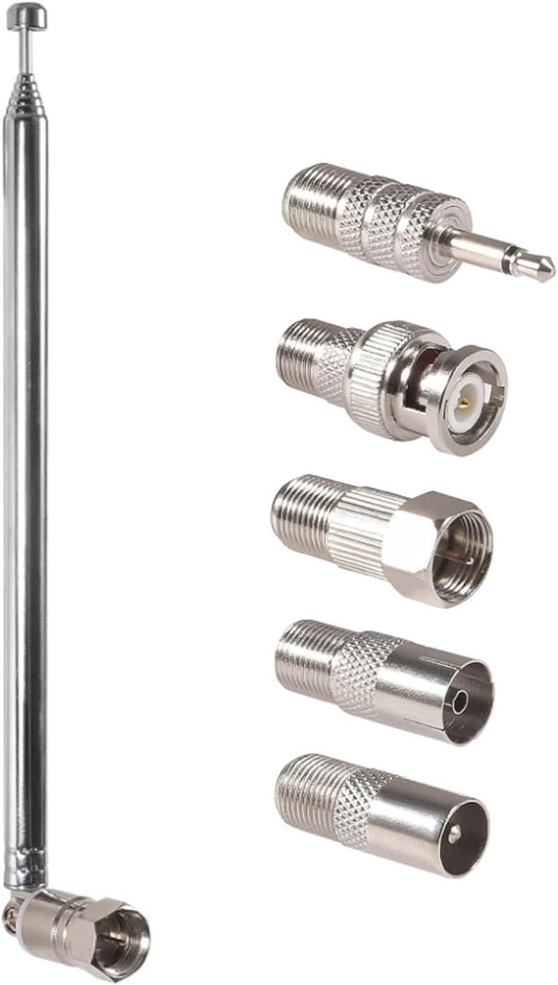 FM Telescopic Antenna 75 Ohm Indoor FM Radio Antenna F Type Male Plug Connector with 5Pcs Converter for TV AM FM Radio Stereo Receiver