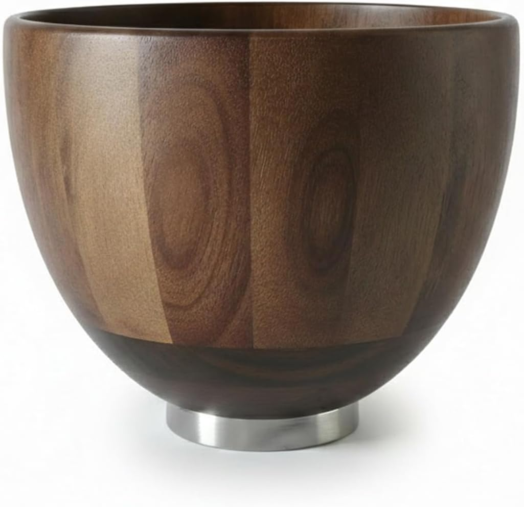 Premium Walnut Wooden Mixing Bowl Fits Kitchenaid 4.5 & 5 QT Stand Mixers, Wood Bowl with Stainless Steel Locking Base for Dough, Cake, Baking