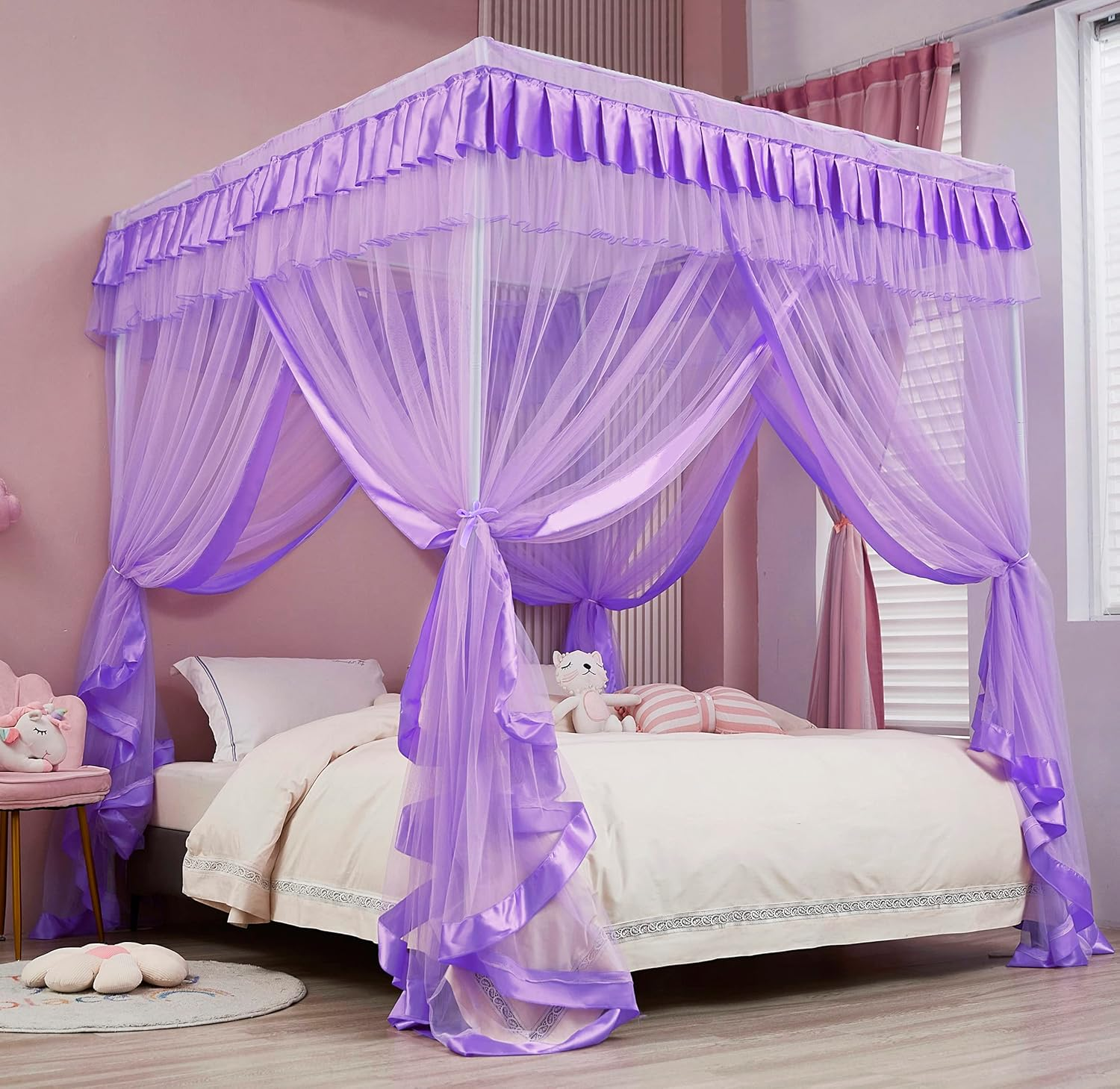 Canopy Bed Curtains Queen Size - Bed Canopy Curtains - 4 Opening Canopy for Bed- Cute Princess Bedroom Decoration Gift (Purple, Queen)