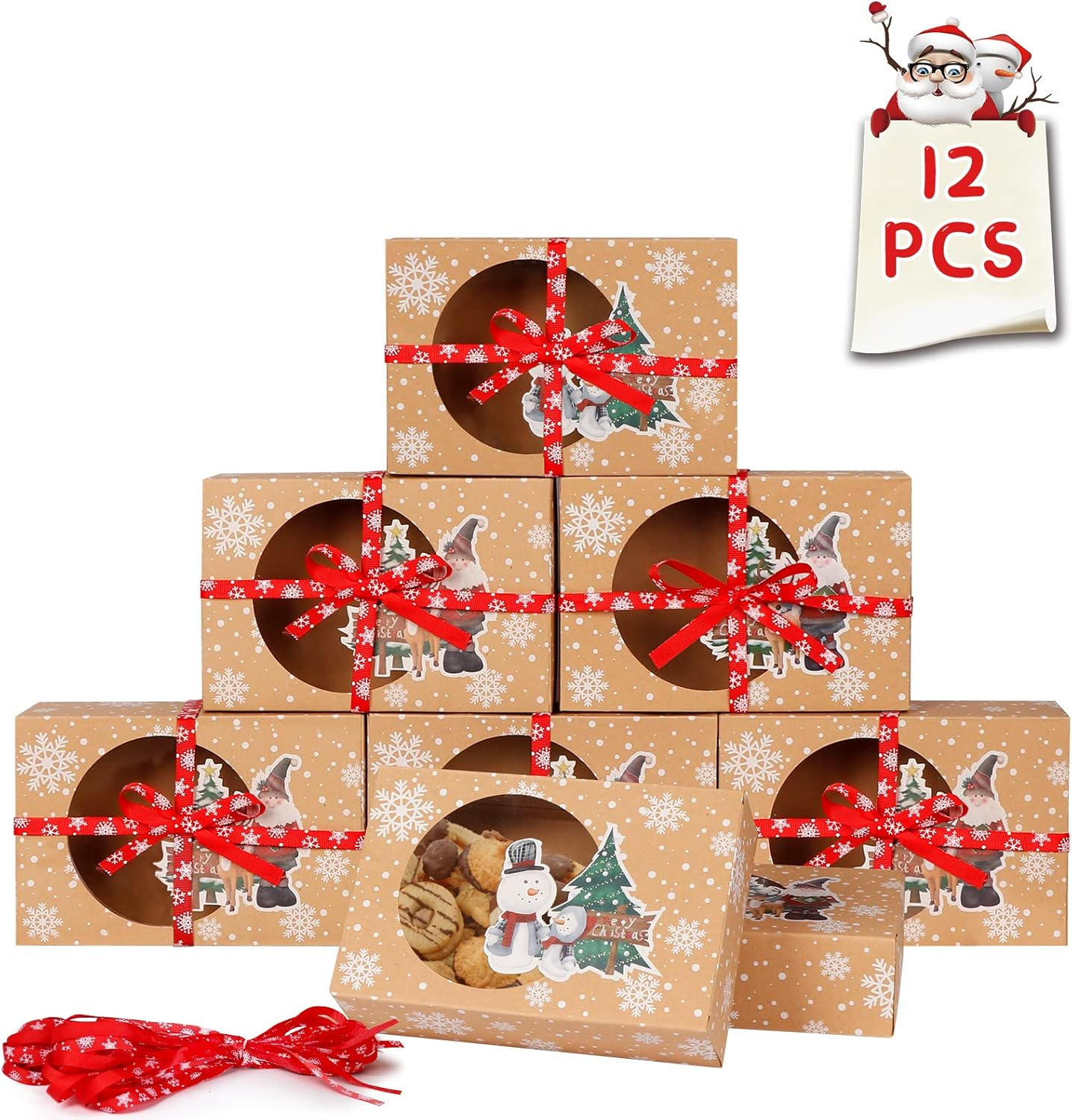 12 Pack Christmas Cookie Boxes for Gift Giving, Large Christmas Cookie Tins Holiday Bakery Treat Boxes with Window, Kraft Paper  Packaging Containers for Xmas Party Supplies