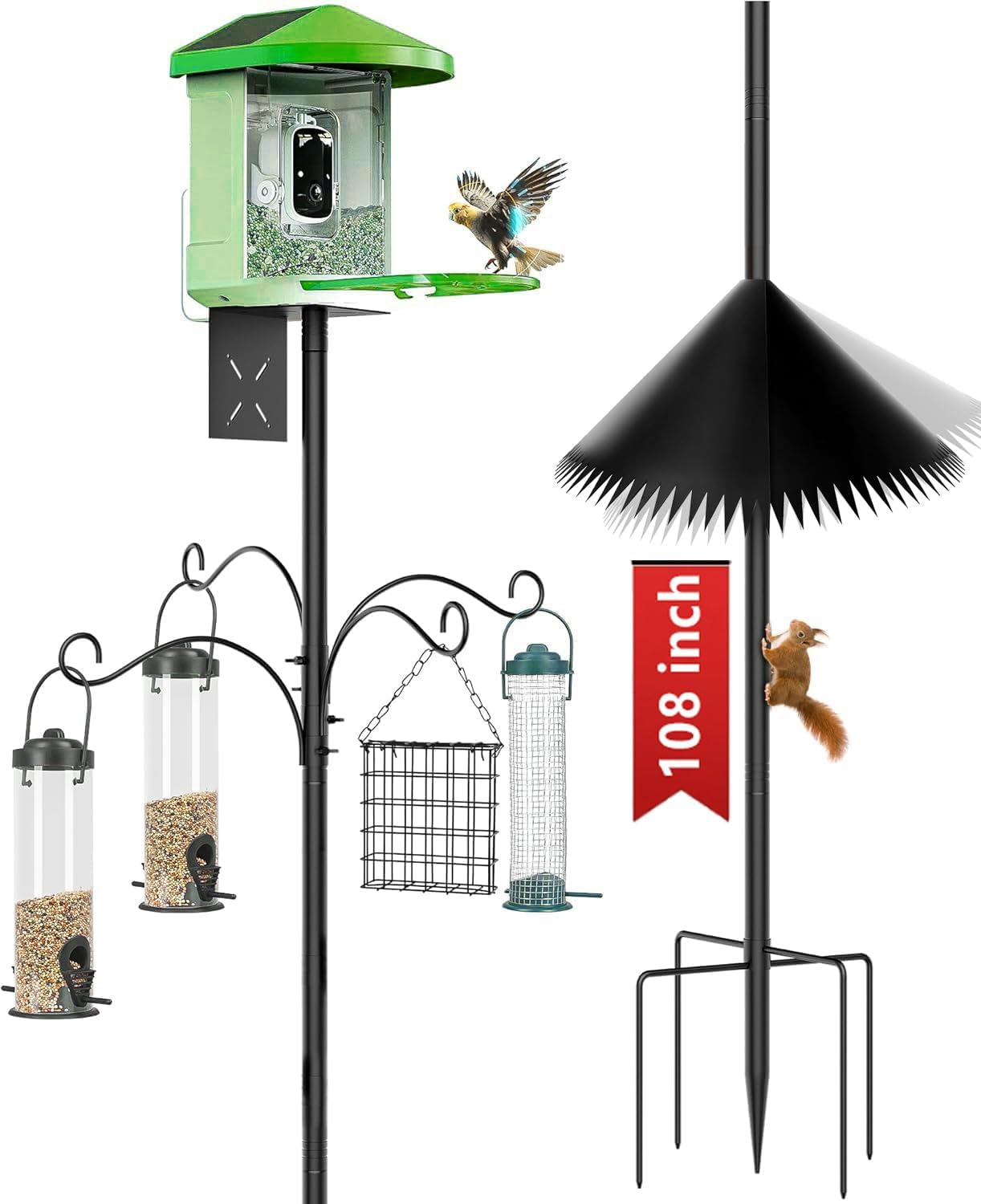 Bird Feeder Pole, 108 Inch Bird Feeder Stand Station with Squirrel Proof Baffle, Outdoors Birdhouse Pole Heavy Duty