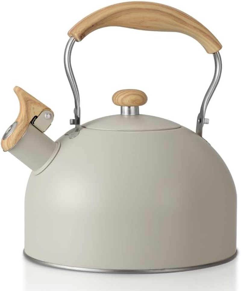 Stove Top Kettle, 2.5 Quart Whistling Kettle for Gas Hob with Wood Pattern Handle Loud Whistle Food Grade Stainless Steel Kettle Cream, Anti-Hot Handle and Anti-Rust, Suitable for All Heat Sources