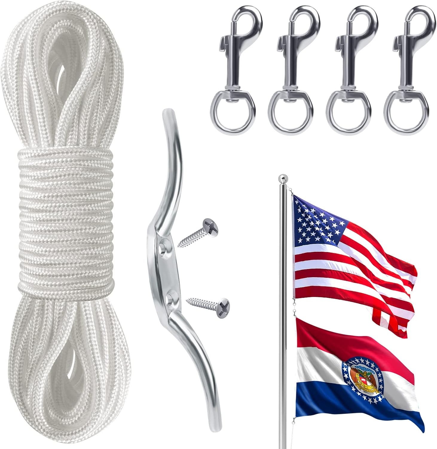 50Ft Flag Pole Rope Halyard with Cleat Hook & 4 Pcs Swivel Snap Clips for Flagpoles up to 25Ft, Outdoor Porch Flagpoles Repair Replacement Parts Accessories