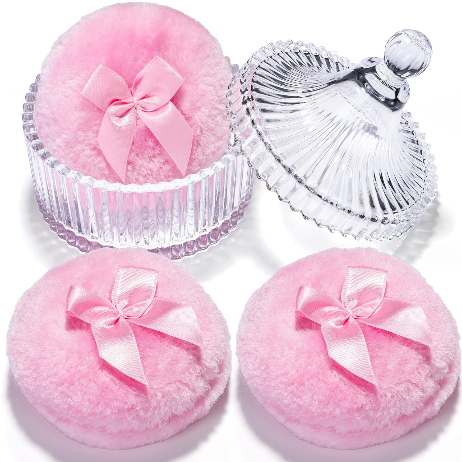 Teenitor 4Pcs Powder Puff Soft Powder Puff and Container, Dusting Powder Container with Puff, Glass Crystal Case for Soft Velour Body Powder Puff Pink
